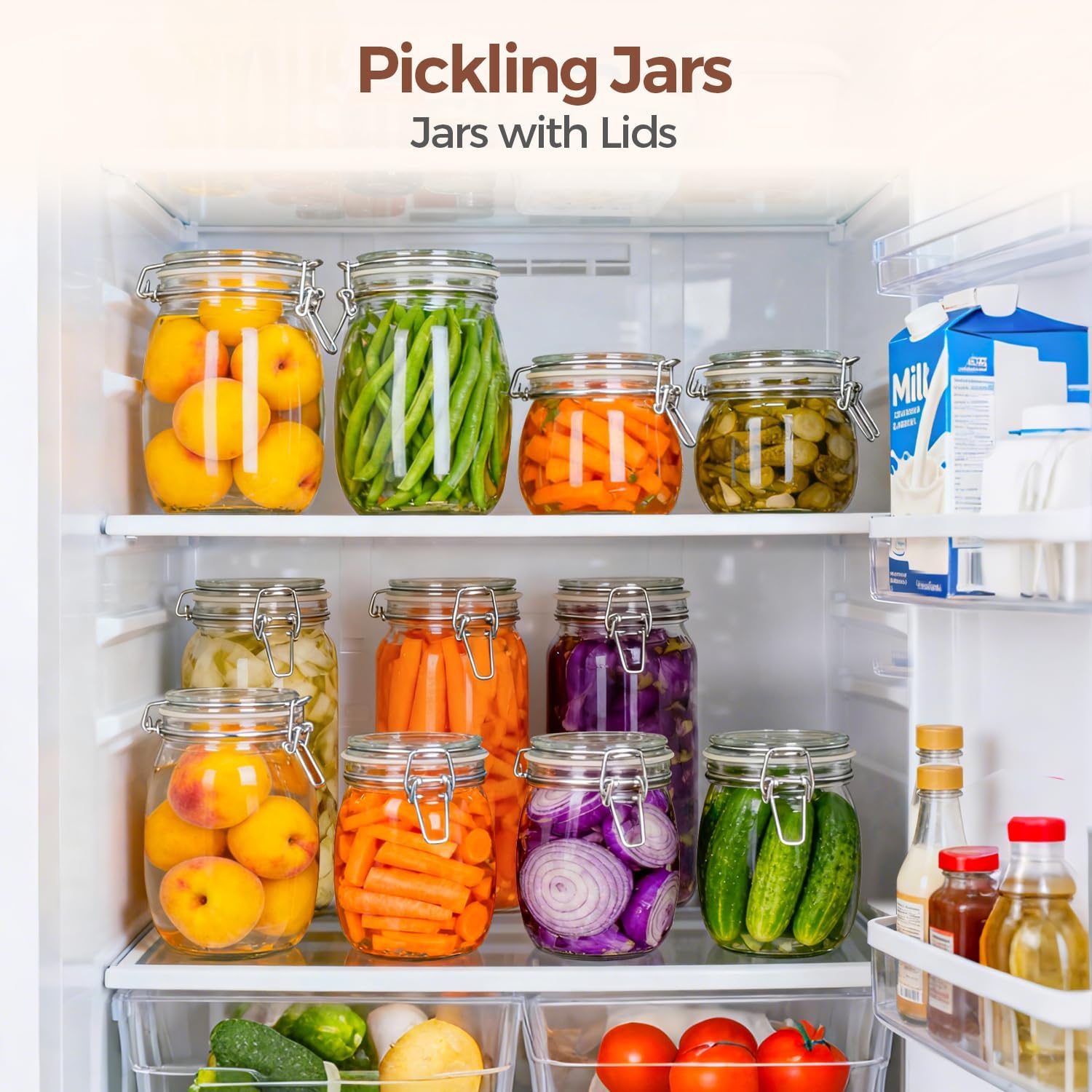 ComSaf 25oz Airtight Glass Canisters with Lids Set of 6, Round Food Storage Jar Container with Clamp Lids for Kitchen Canning Cereal Coffee Pasta Sugar Beans Spice, Clear Mason Jars with 12 Labels