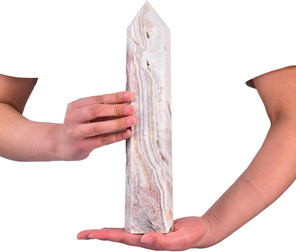 JIC Gem Extra Large Pink Agate Healing Crystal Tower Wand 6 Faceted Pink Quartz Geode Crystals Obelisk Tower Points Crystals Decor Gift Reiki Chakra 4.0-4.4 Lbs