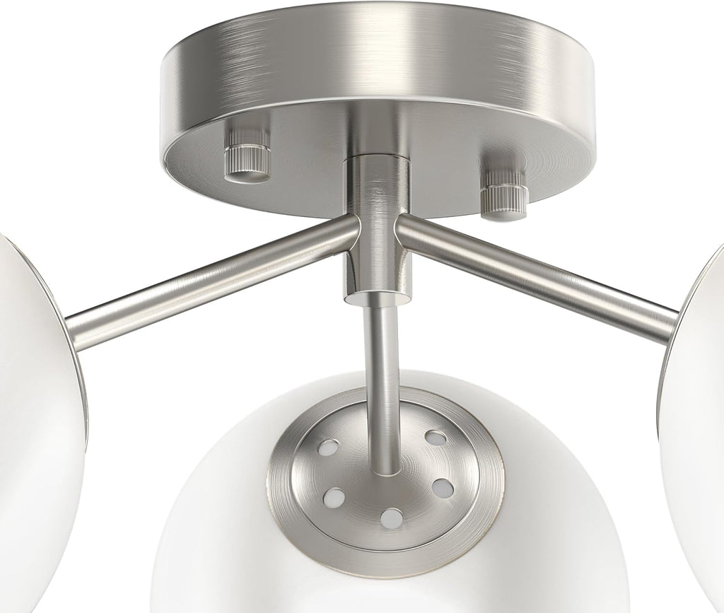 Maxax 17" Nickel Ceiling Light, 3 Lights Modern Flush Mount Fixture with Opal Milk Glass Globe, Mid Century Semi Chandelier, Sputnik Ceiling Lamp for Dining Room, Bedroom, Entryway, Hallway
