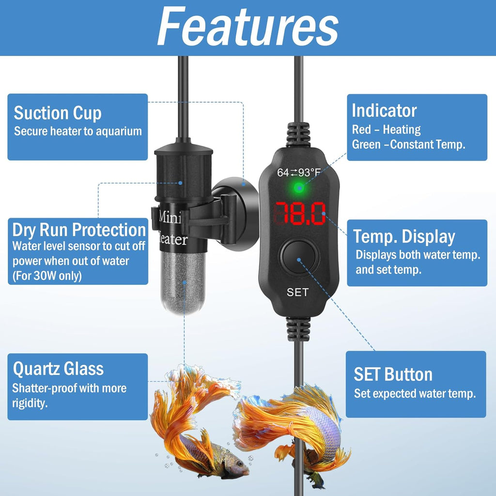 Super Mini Aquarium Heater 20W Betta Heater Adjustable Submersible Fish Heater Small Fish Tank Heater Turtle Heater with Digital Display Thermostat, for 2-4 Gallon Tanks