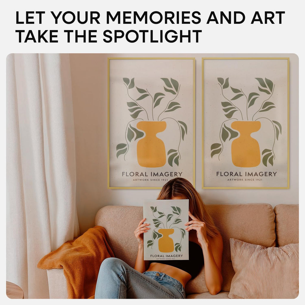 Homeforia 16 x 24 Picture Frame Gold, High End Metal 16x24 Poster Frames with Mat 12x18 Photo, 16 x 24 Gold Frame Matted to 12 by 18 Print, 24x16 Thin Hanging Frame, Tempered Glass, Wall Kit, Set of 4