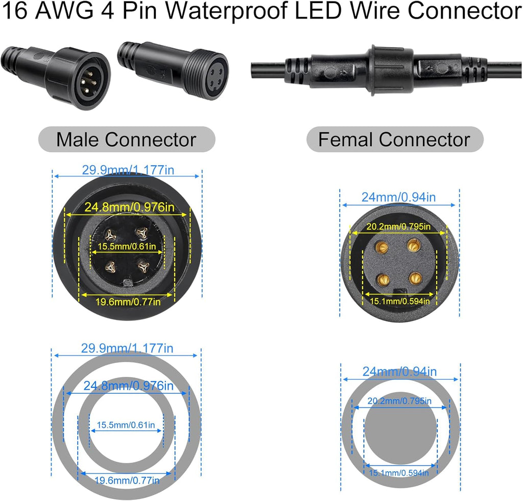MAD OWL 4 Pin Waterproof LED Wire Connector, 16 AWG 118.1 inch/3M IP68 Male and Female Heads Extension Cable for Indoor and Outdoor LED Strip Light(1 Strip Black)
