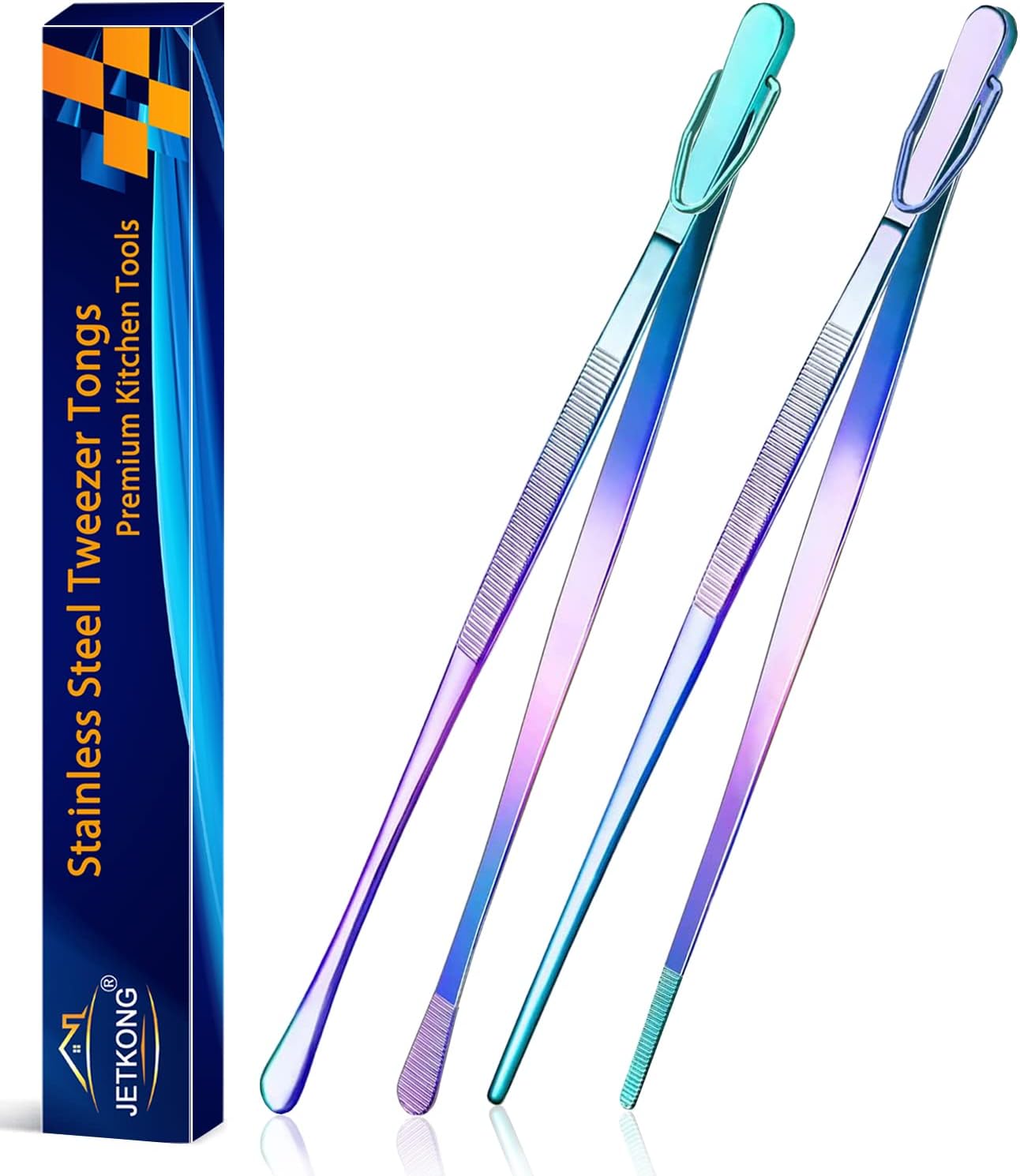 JETKONG 2 Pcs 12-Inch Culinary Tweezers Food Tweezers Kitchen Tweezer Tongs for Cooking (Rainbow)