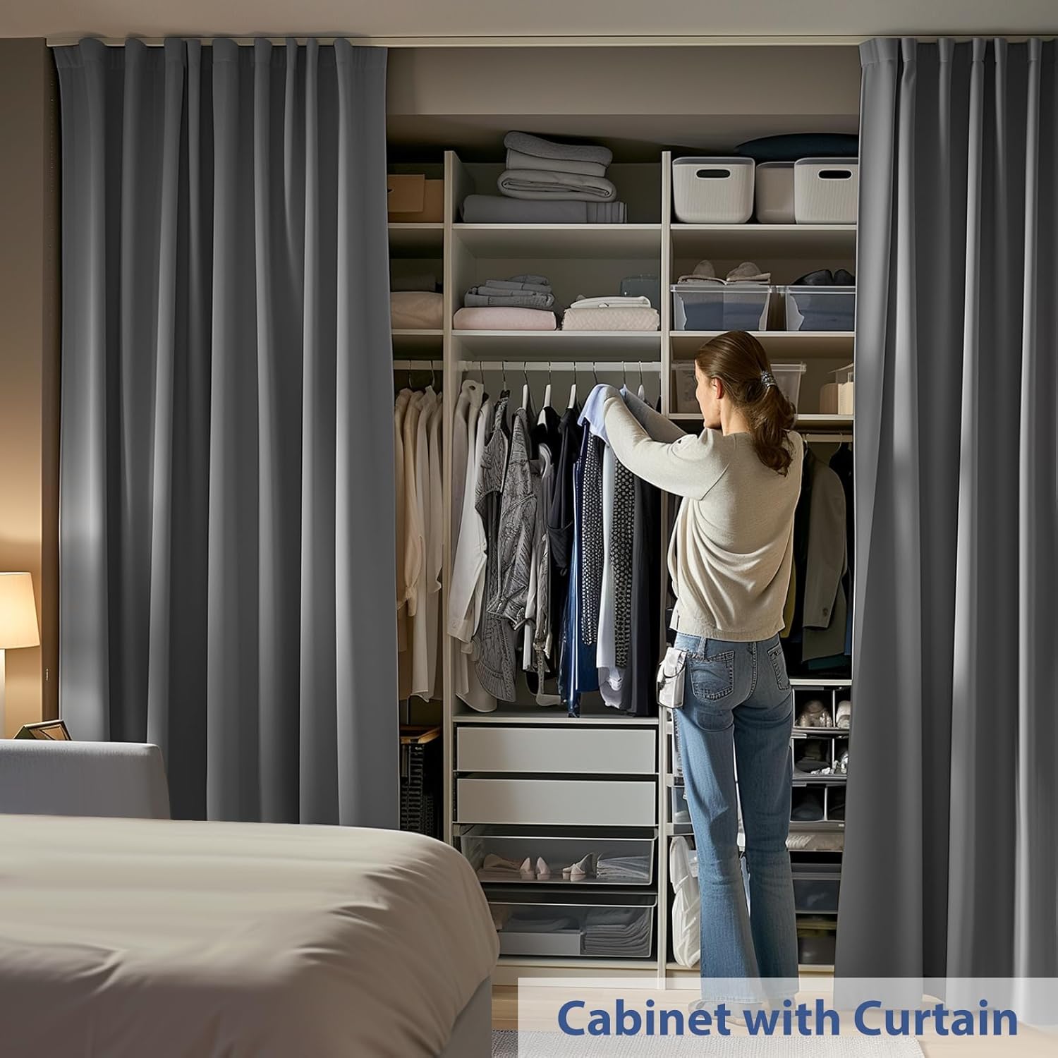 Room Divider Ceiling Mounted Curtains Track Sets Extra Wide Blackout Curtain Flexible Tracks for Bedroom Privacy Partition Separator, 1 Panel Grey Drape and White Rail, W10 x H8ft