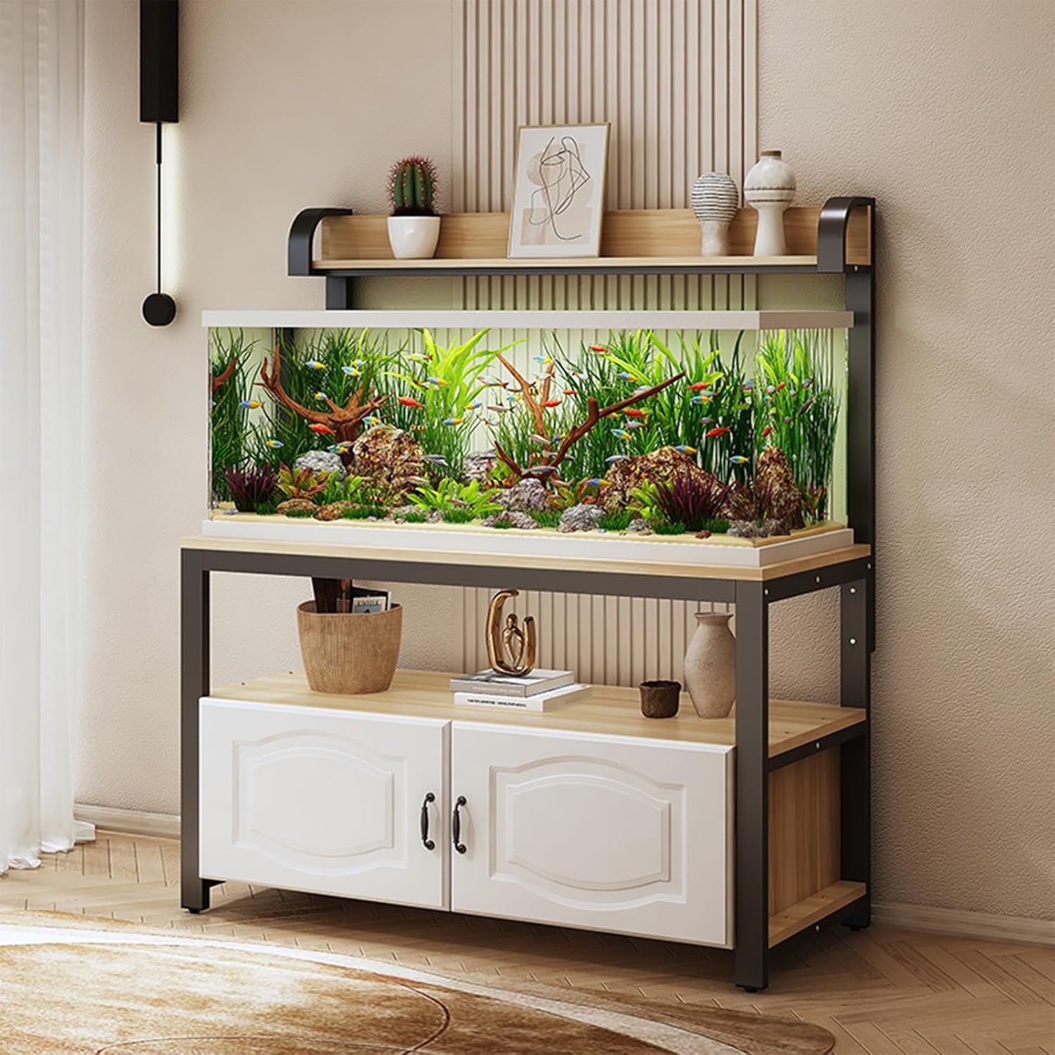 Large Aquarium Stand with Storage Cabinet, Adjustable Height, High Load Capacity, Suitable for Reptile/Reptile Tanks(Walnut,80x50cm/31.5x19.7in)