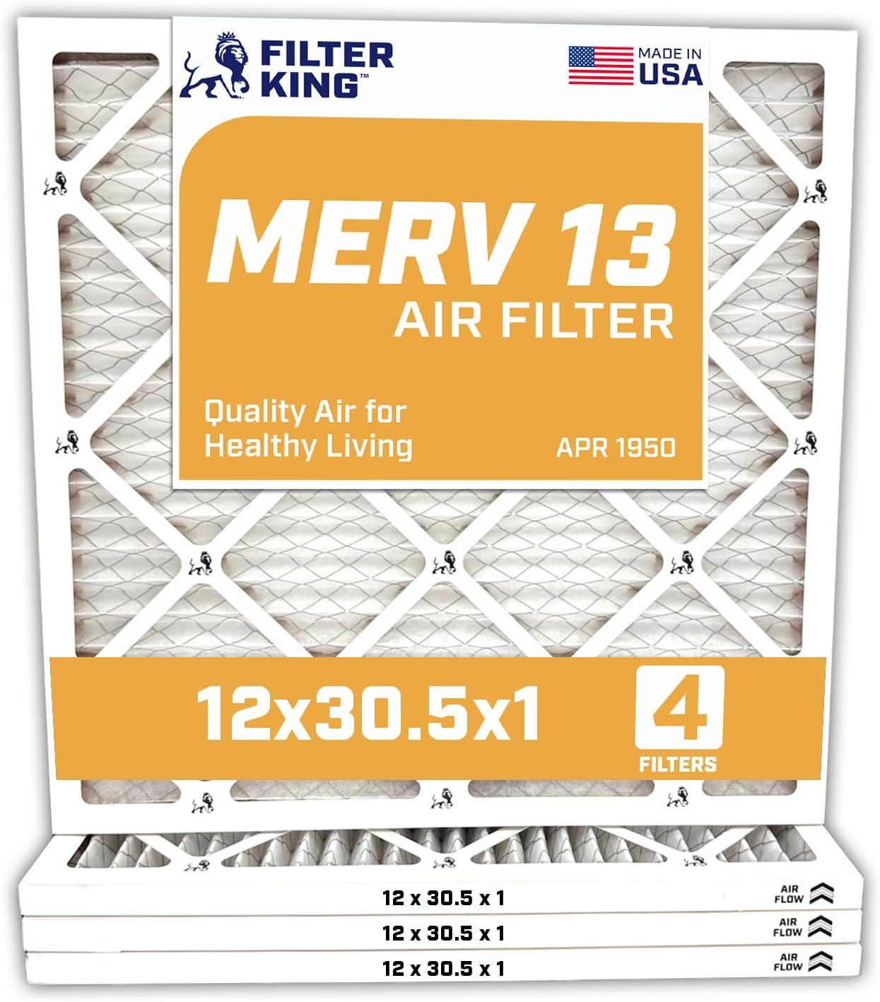 Filter King 12x30.5x1 Air Filter | 4-PACK | MERV 13 HVAC Pleated A/C Furnace Filters | MADE IN USA | Actual Size: 12 x 30.5 x .75"