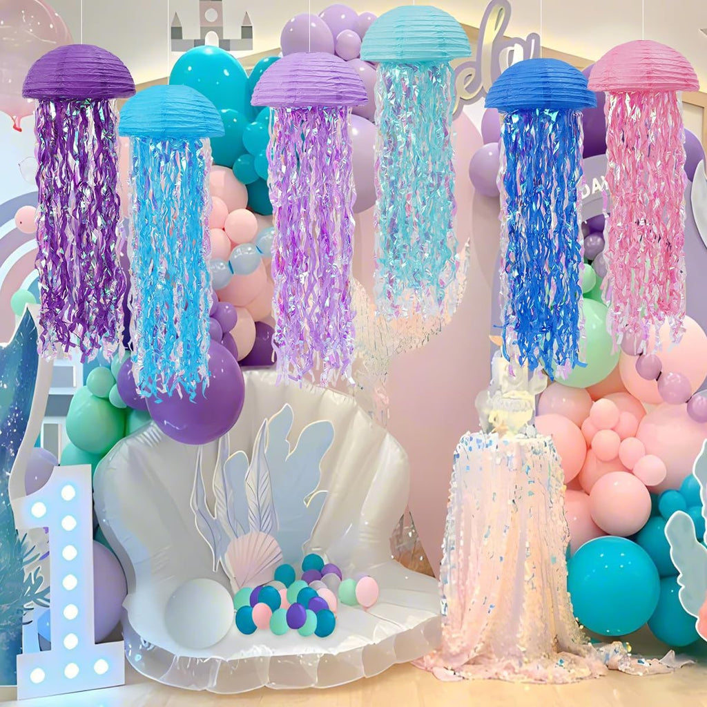 Mermaid Birthday Decorations, Jellyfish Paper Lanterns for Mermaid Party Baby Shower Under The Sea Ocean Birthday Party Decorations Pack of 6 Colorful