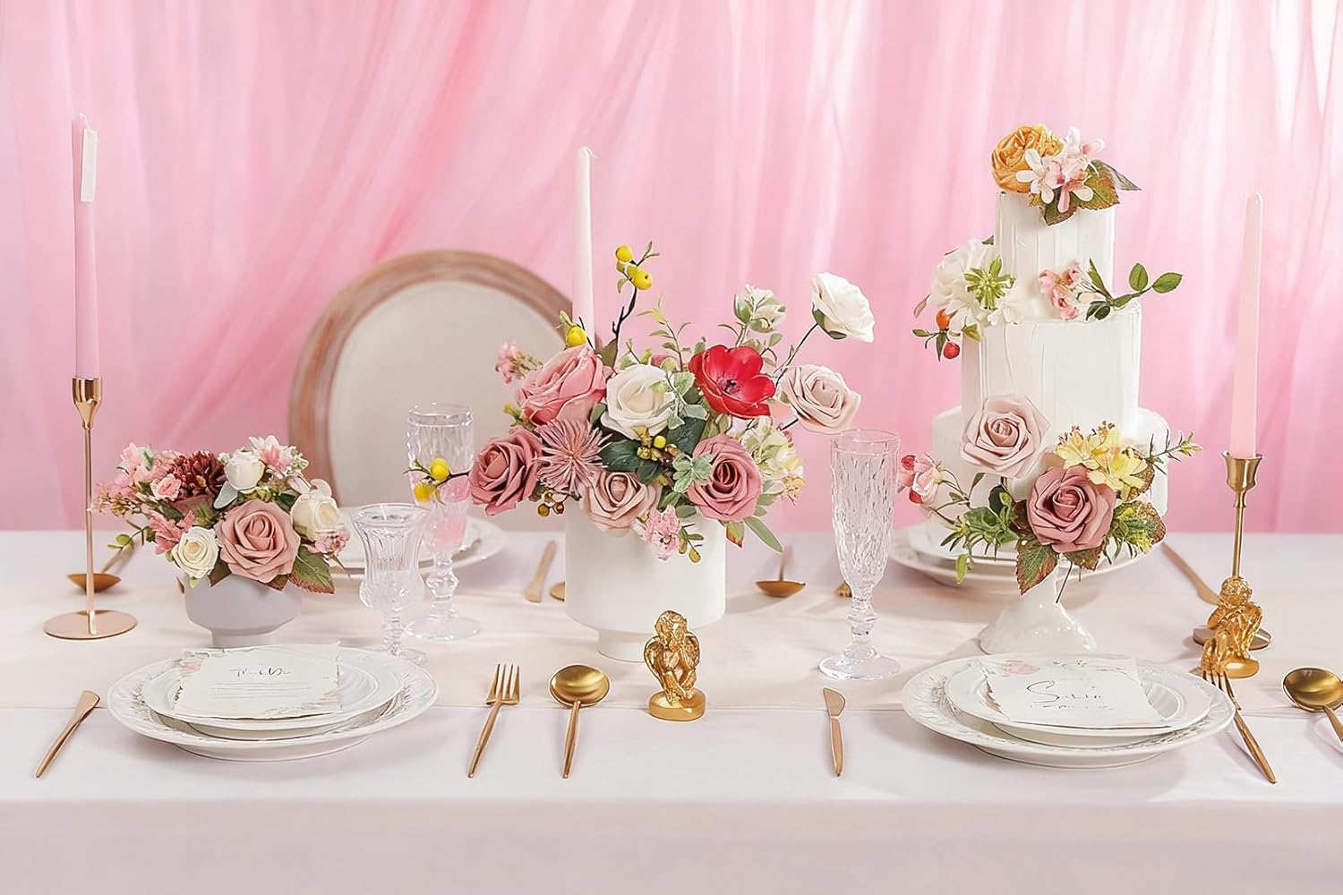 Artificial Roses Flowers 25pcs Morandi Peach Ombre Colors Foam Fake Roses with Stems for DIY Wedding Bouquets Bridal Shower Centerpieces Party Home Decorations