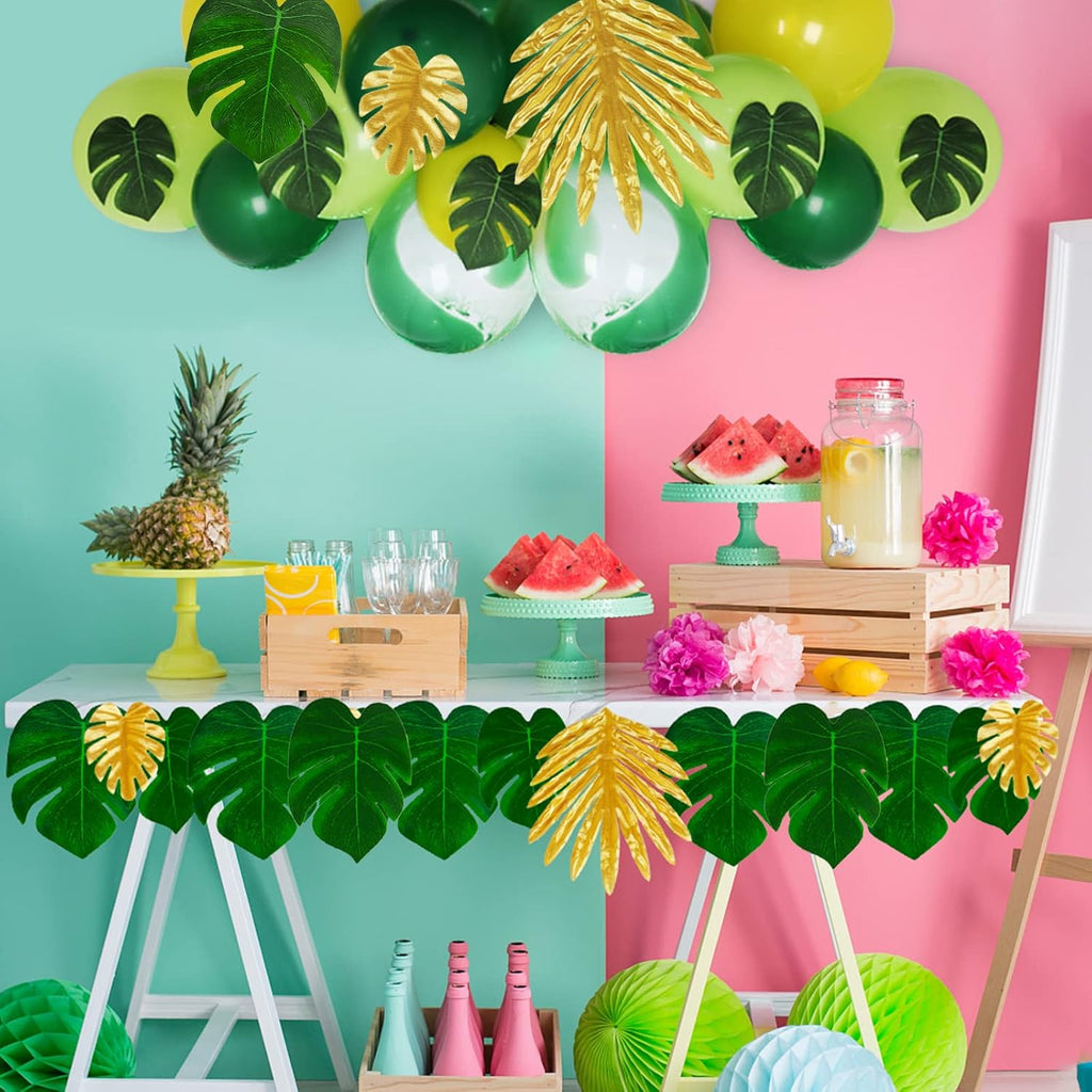 Tropical Party Decorations, 50 Pieces 7 Kinds Artificial Palm Leaves Green and Gold Tropical Monstera Leaves with Stems for Hawaiian Luau Party Jungle Beach Table Leave Decorations