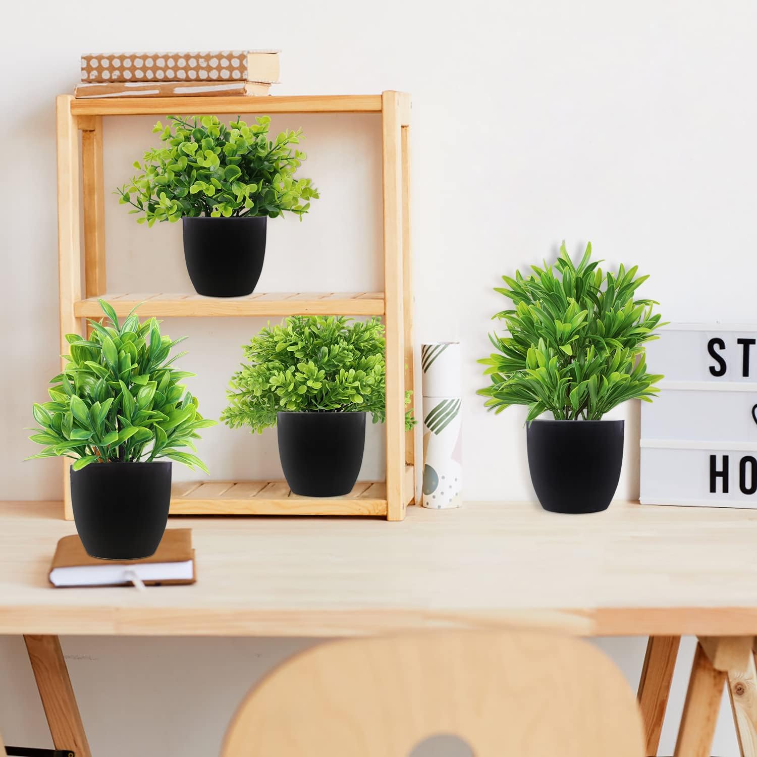 LELEE Artificial Potted Plants Mini Fake Plants, 4 Pack Medium Eucalyptus Potted Faux Decorative Grass Plant with Black Plastic Pot for Home Decor, Indoor, Office, Desk, Table Decoration