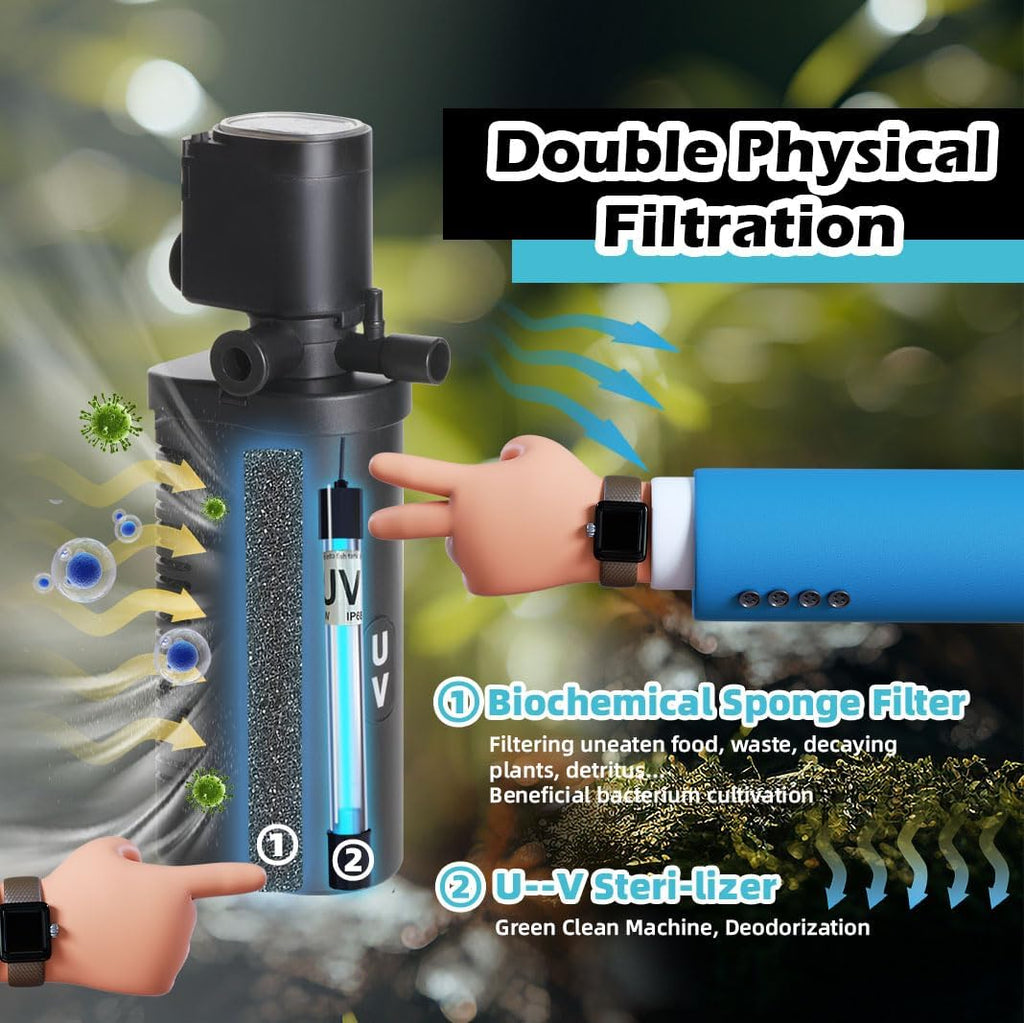 COOSPIDER Aquarium Filter 200GPH U-V Fish Tank Green Clean Machine for 20-75 Gal Tank, Submersible Pump Filter for Green Water, Internal Filtration System for Saltwater Freshwater Crystal Clear