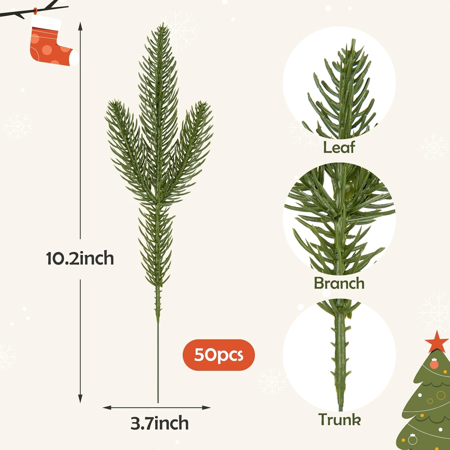 HOHOTIME 50 Pcs Artificial Pine Stems, Christmas Tree Pine Picks, Faux Greenery Stems Branches for Vase, Fake Pine Stems Decoration, Faux Pine Sprigs for Garland Wreath Tree Home DIY Xmas Decor