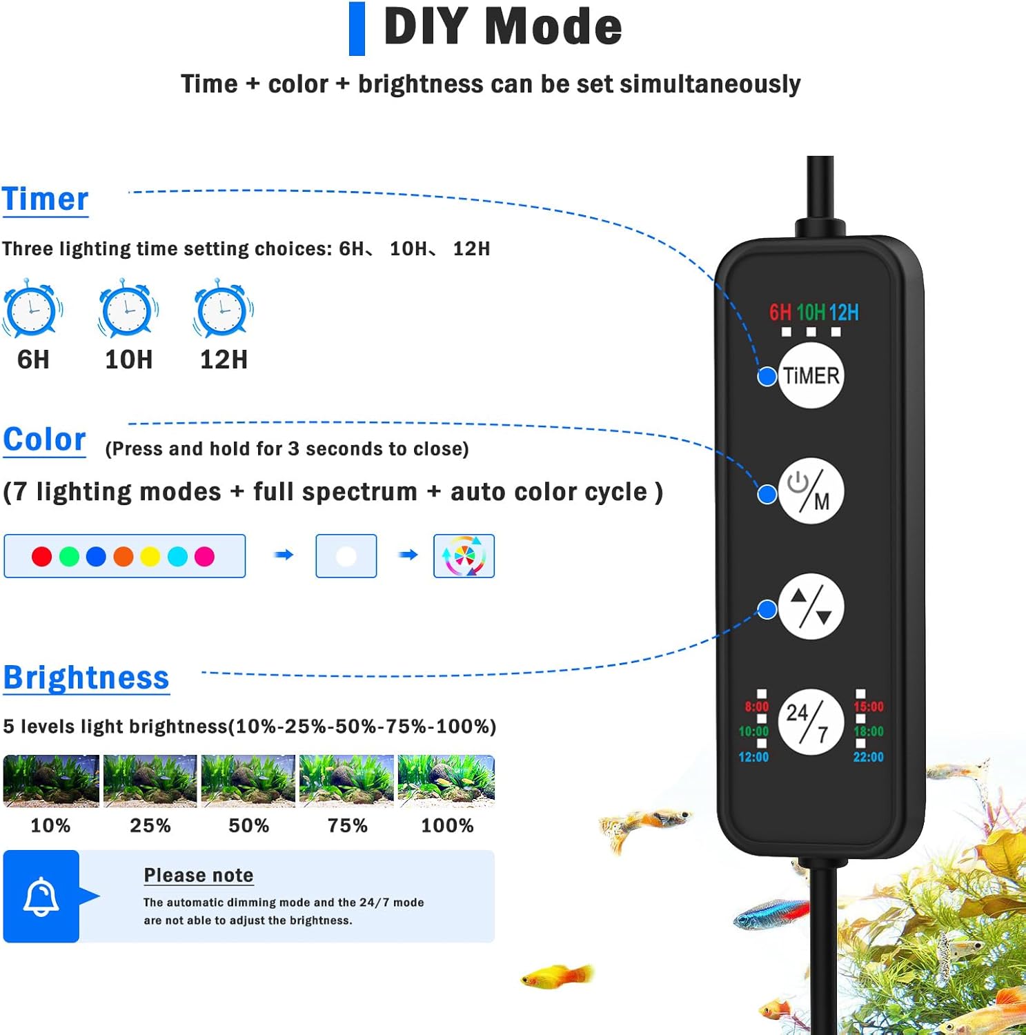 AQQA LED Aquarium Light, 24/7 Mode Clip on Fish Tank Light with Memory Function, DIY Mode Full Spectrum Aquarium Plant Light, Adjustable Timer/Brightness, IP68 Waterproof for 40-48 Inch Fish Tank 35W