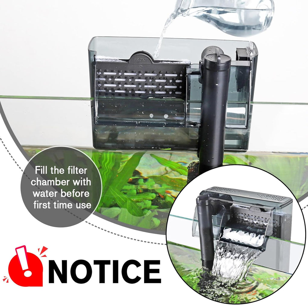 hygger Aquarium HOB Filter 105 GPH for 10-20 Gallon Fish Tank Power Filter with Adjustable Water Flow Extendable Intake Tube External Hang-On Back