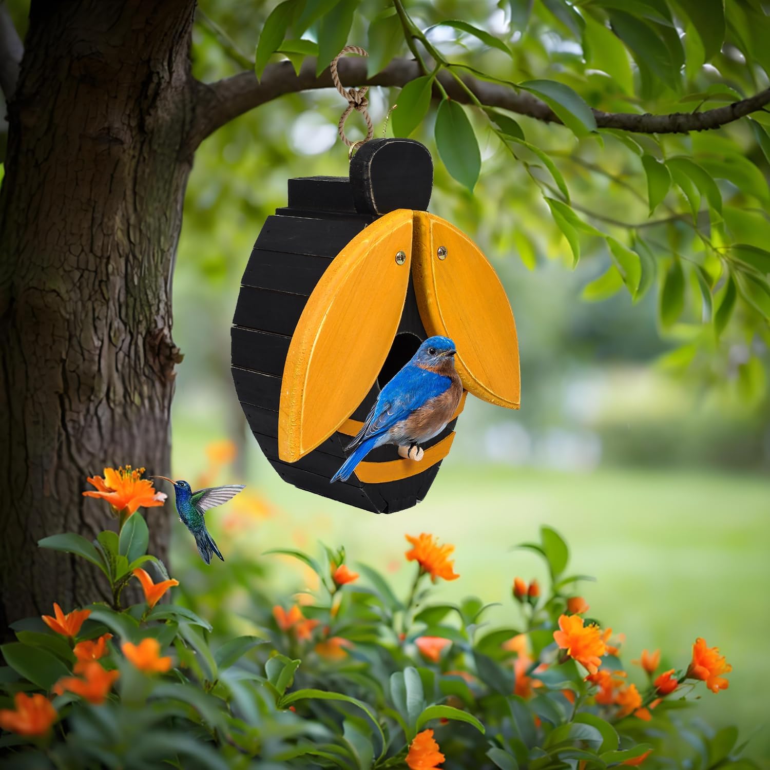 Bird Houses for Outside, Bee-Shaped Birdhouse Attracts Wild Birds (Bluebirds, Finches, Cardinals), Durable Wood Bird House with 4 cm Entrance Hole,Unique Garden Decor,Weather-Resistant