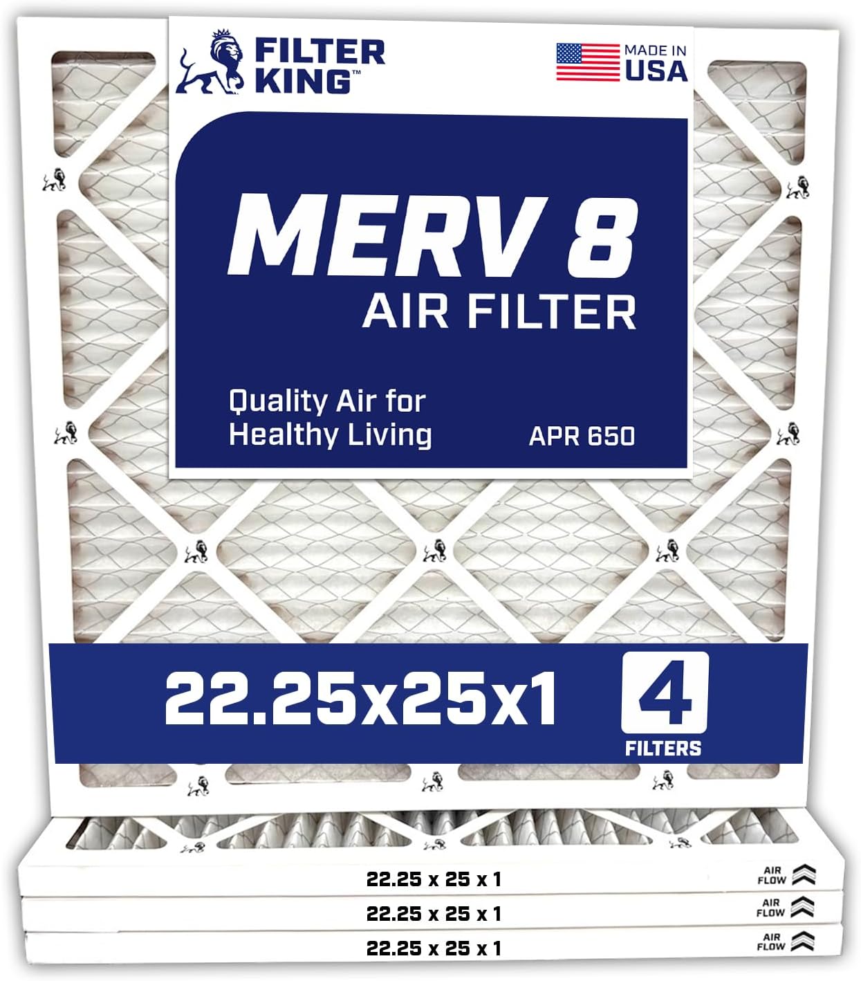 Filter King 22.25x25x1 Air Filter | 4-PACK | Carbon MERV 8 HVAC Pleated A/C Furnace Filters | MADE IN USA | Actual Size: 22.25 x 25 x .75"