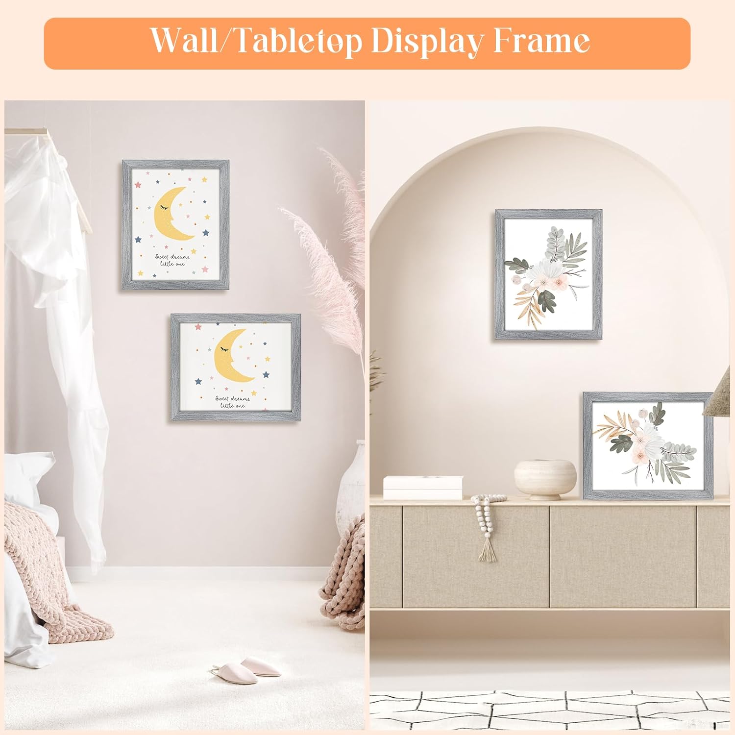 8x10 Wood Frame Grey, Rustic Natural 10x8in Gray Woodgrain Picture Photo Frame, Wooden 8 x 10inch Gallery Pic Frame with HD Plexiglass, Horizontal Vertical Wall Mounting Tabletop Display 1Pcs