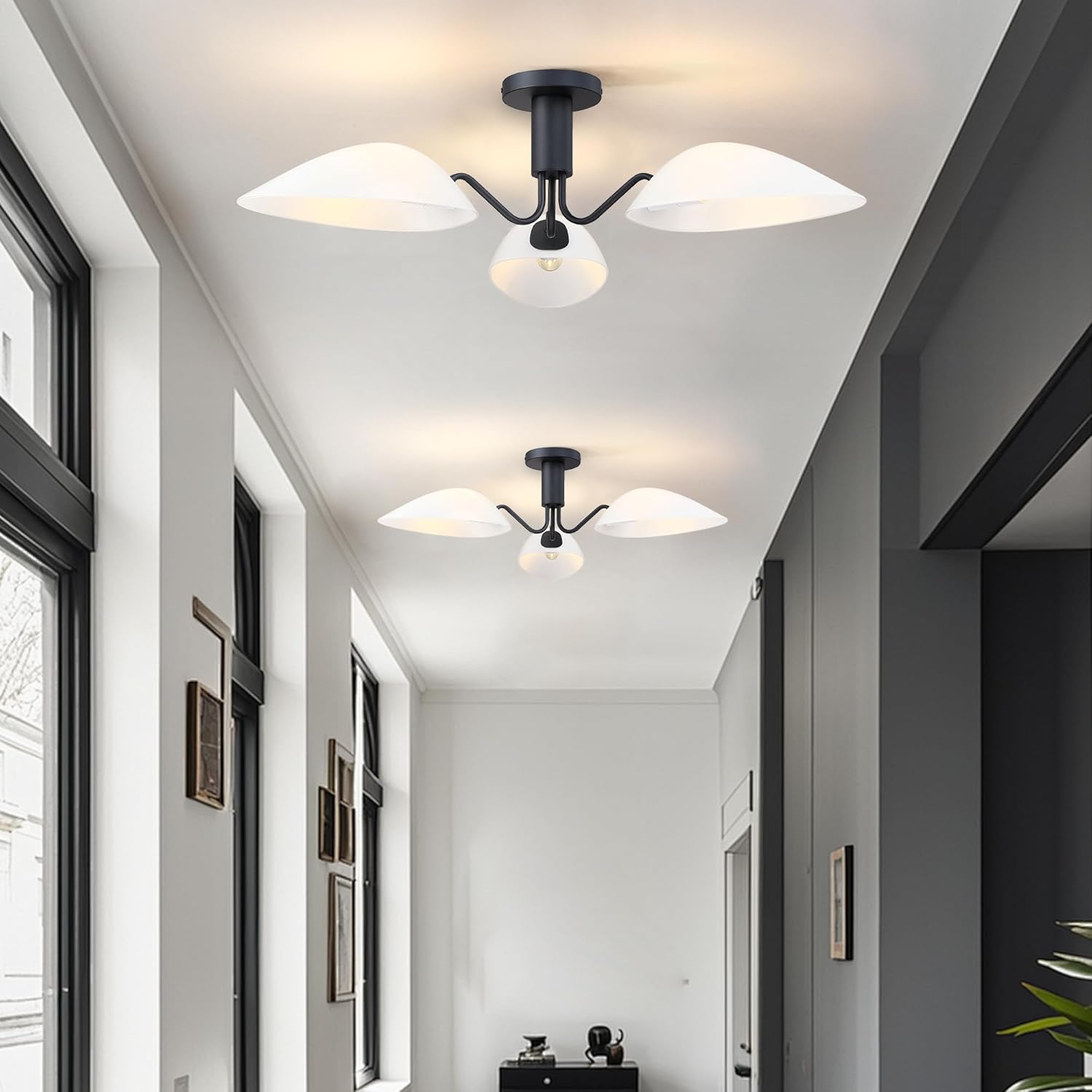 MEXO Modern Black 3-Light Ceiling Light with Opal White Glass Shade Semi Flush Mount Ceiling Light for Living Room Hallway Sputnik Chandelier Lighting Fixture