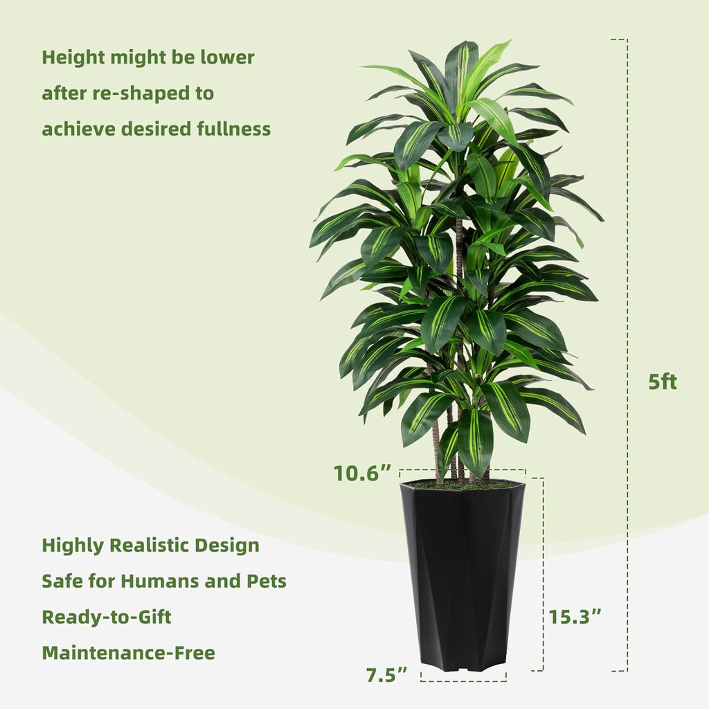 Artificial Dracaena Plant Indoor 5FT Fake Tree with Mocha Diamond Planter Faux Yucca Tall Fake Floor Plant Potted Artificial Trees for Home Office Living Room Decor Indoor