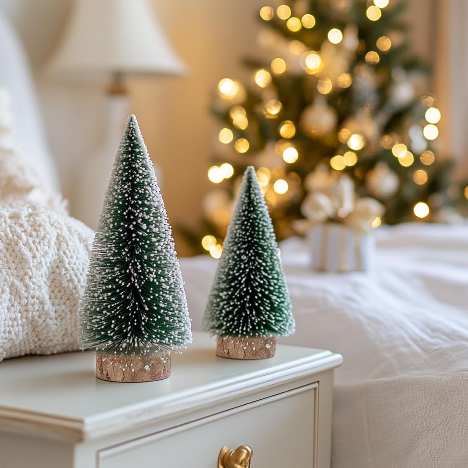 2pcs 12inch Mini Christmas Tree Bottle Brush Trees Chrismas Village Trees Ornaments Mini Plastic Christmas Trees with Wooden Base for Christmas Decoration Miniature Chrismas Tree