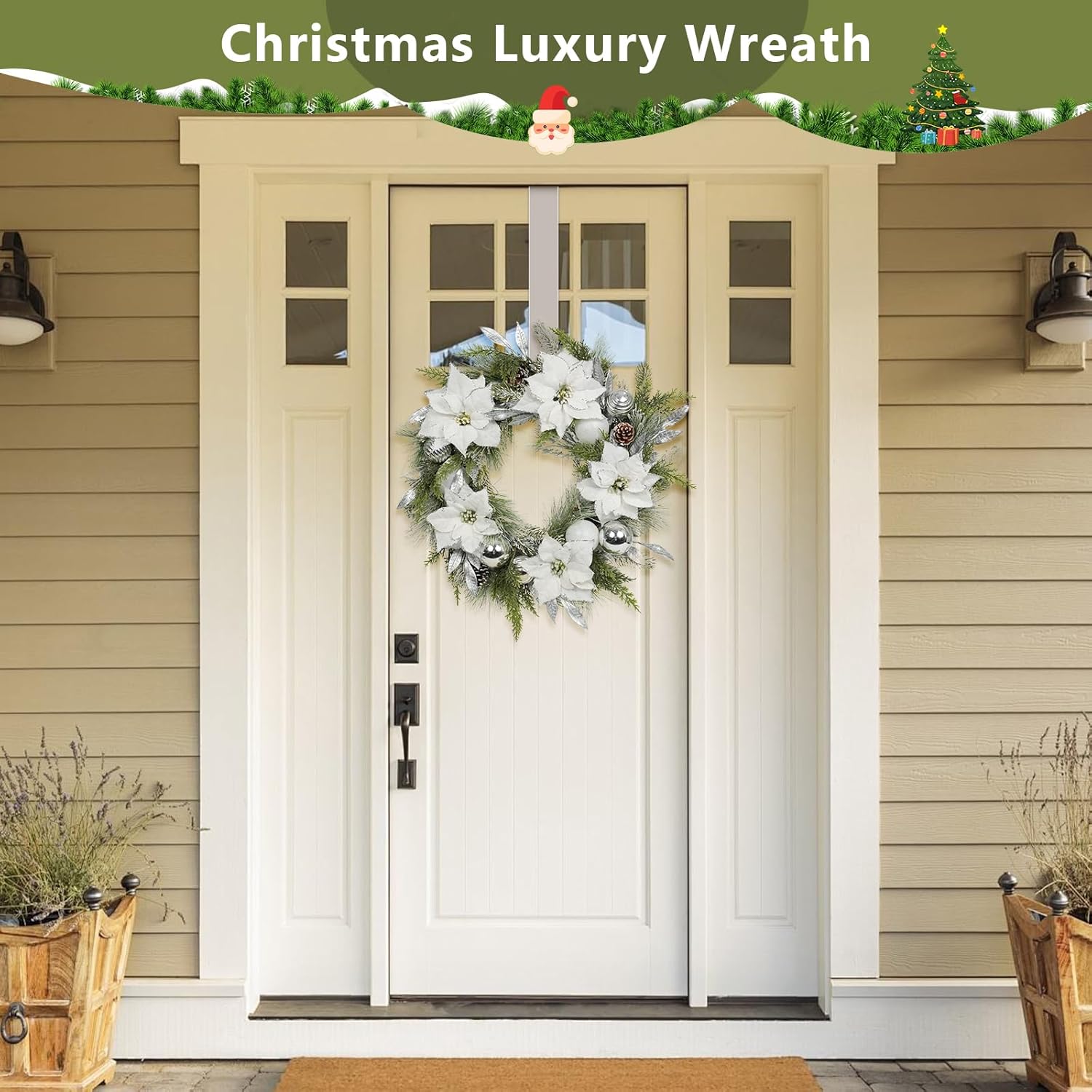Christmas Wreath Artificial Wreath with White/Silver Balls, White Poinsettias and Silver Leaves Multi-Element Decoration for Indoor & Outdoor Doors, Corridors and Fireplaces