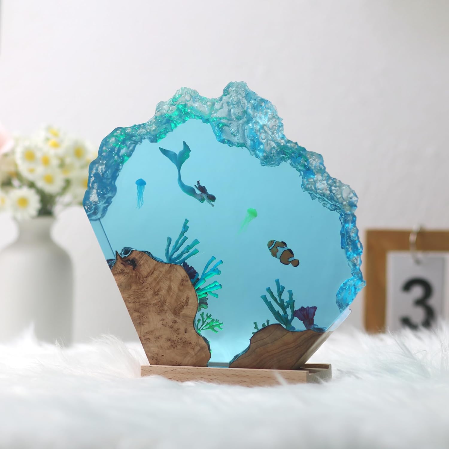 Epoxy Resin Lamp, Ocean Night Light,Artistry Home Decor Bedside Nightlight, Unique Resin Lighting, Nightstand Decorations for Bedroom, Suitable for Holidays(Mermaid)
