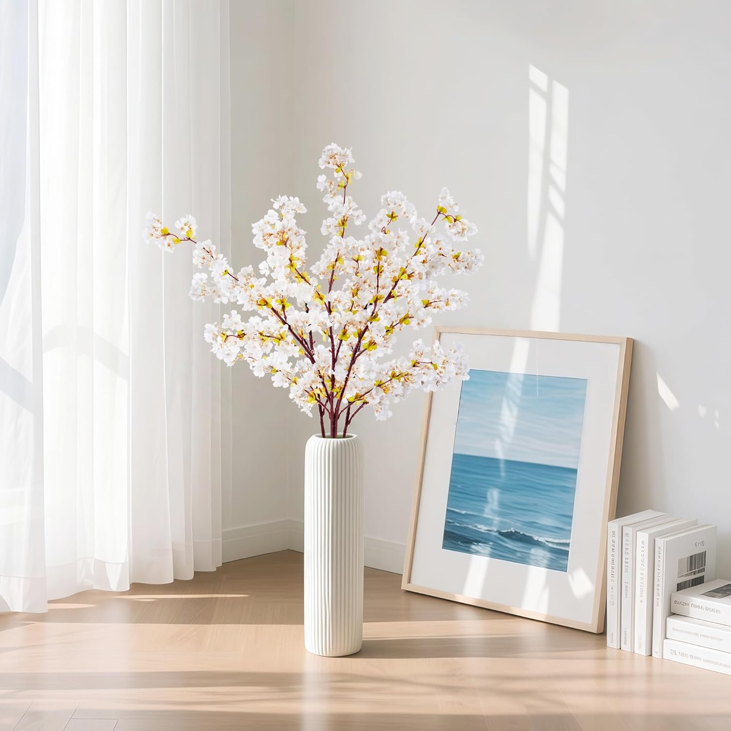 SITUMEIZI Artificial Cherry Blossom Branches Silk 39 Inch Faux Cherry Flowers Peach Tall Stems for Home Wedding Bedroom Table Japanese Real Touch Vase Decoration(3Pcs,Ivory White)