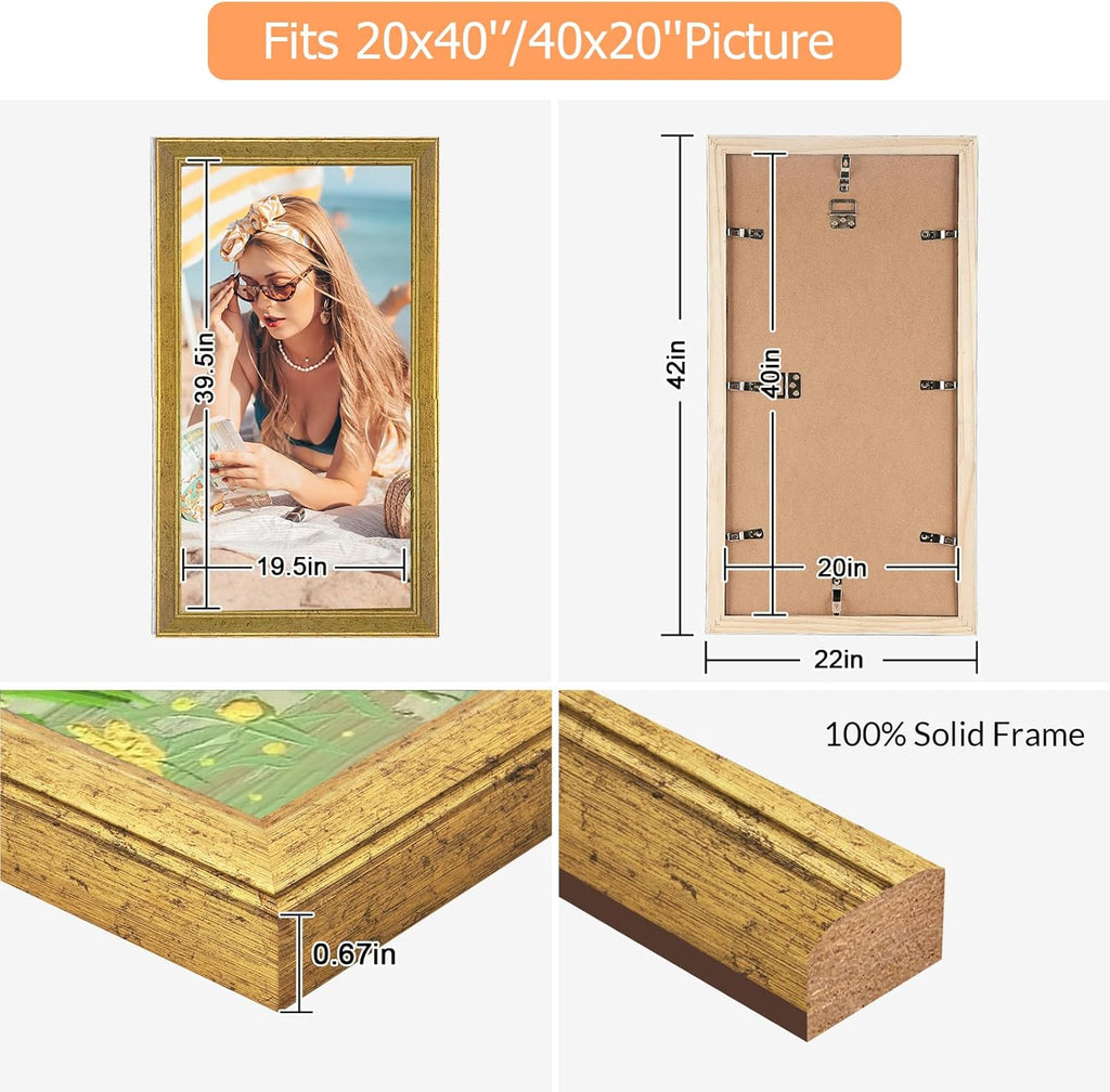 Wood 20x40 Frame Gold, Ornate Natural 40x20in Poster Picture Frame, Modern Golden 20 x 40inch Gallery Wall Photo Frame with HD Plexiglass, Horizontal Vertical Wall Mounting Display 1pcs