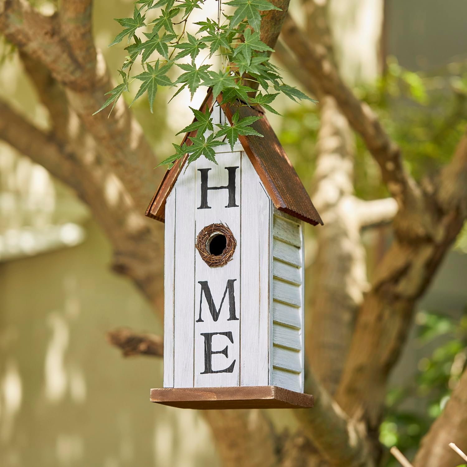 Glitzhome Decorative Bird Houses for Outdoors,14.75" H Distressed Bluebird House Solid Wood Hanging Bird House Home Inspiration Decorative Pet Cottage Outdoor Garden Birdhouse,Washed White