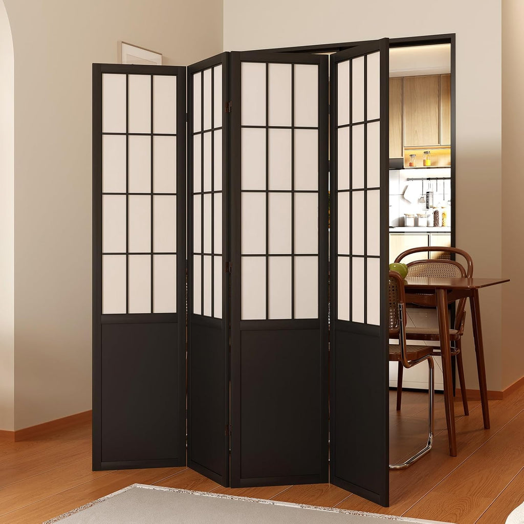Room Divider, 66.9Inch Tall Japanese Shoji Style Folding Wood Screen with Double Hinges for Home Office Bedroom Hotel Decoration (4Panels, Black)