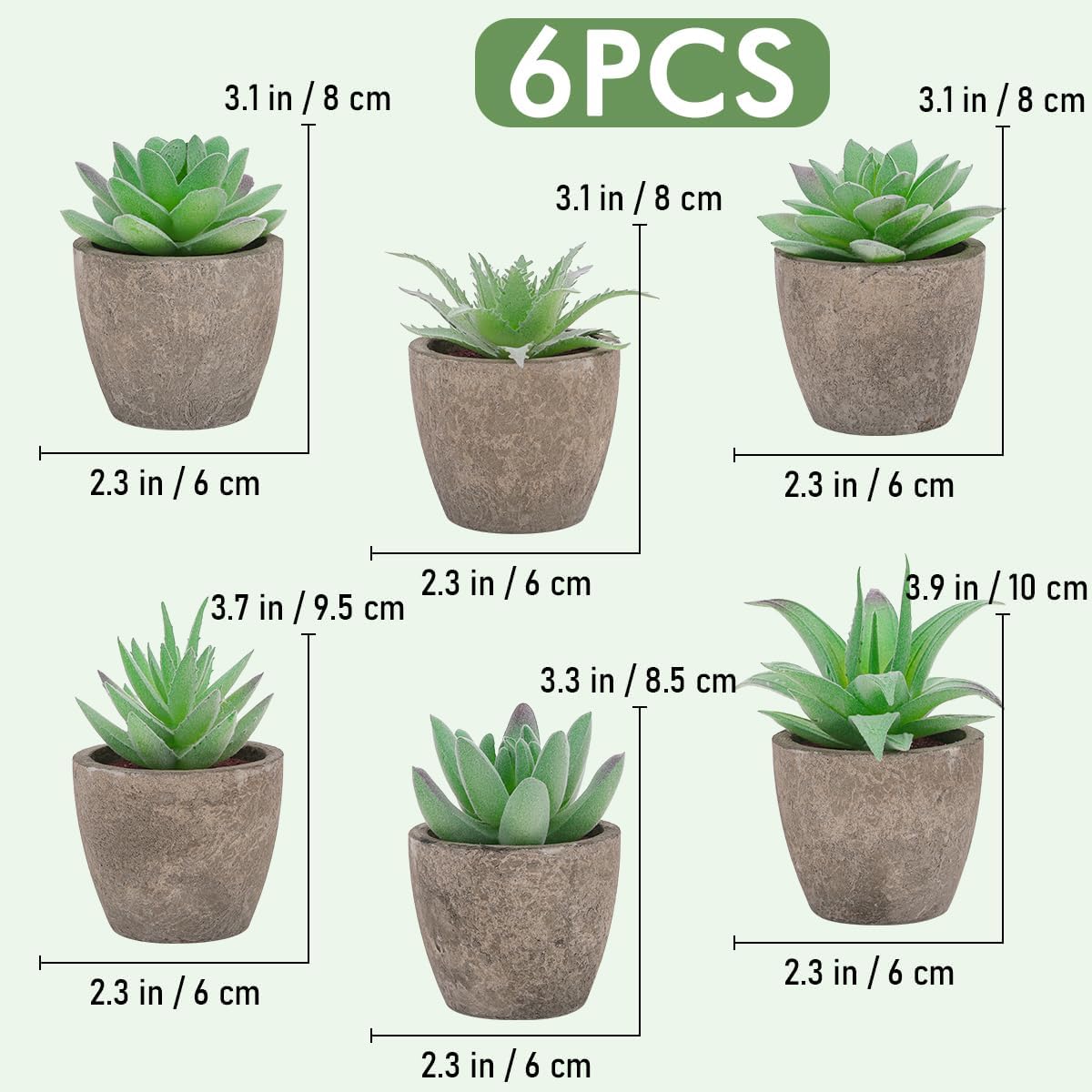 Woration 6pcs Artificial Succulents Plants Potted Assorted Decorative Faux Fake Small Green Succulent with Pot Table Shelf Windowsill Indoor Greenery Decor
