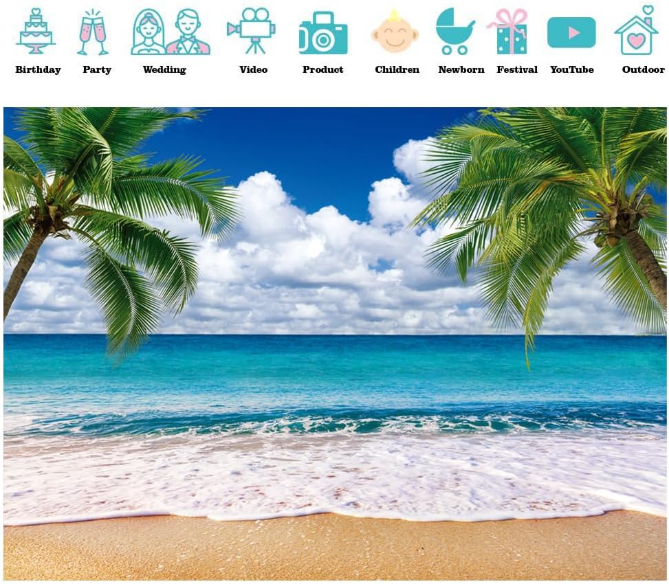 SJOLOON Summer sea Backdrop Tropical Beach Plants Photo Backdrop Hawaiian Ocean Blue Sky Background for Theme Party Supplies Studio Props 12692(10x8FT)