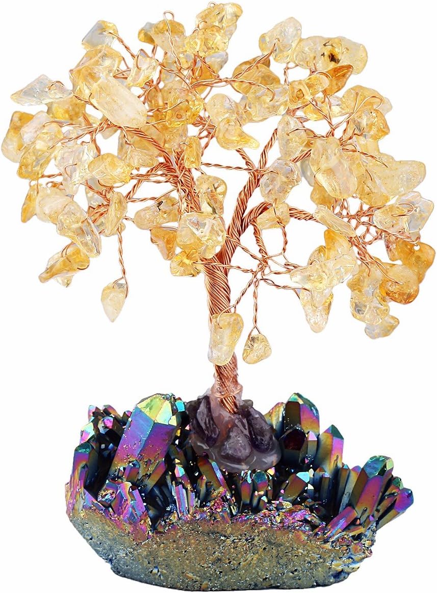 mookaitedecor Citrine Crystal Tree, Quartz Cluster Rainbow Titanium Crystals Base Bonsai Money Tree for Wealth and Luck