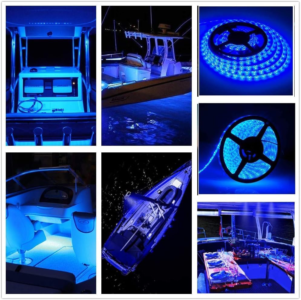 Pontoon Boat LED Strip Lights, 12V 32.8FT Blue Waterproof Marine LED Light Boat Interior Light, Boats Deck Hull Gunnel Lighting, Night Fishing Lights for Bass, Jon, No Battery