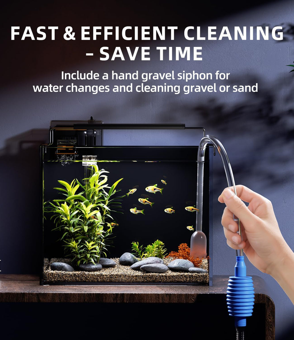 3 Gallon Fish Tank Aquarium Kit with Filter, LED Light with Timer, Siphon Vacuum Cleaner, Lid, Self-Cleaning Glass Rimless Betta Tank