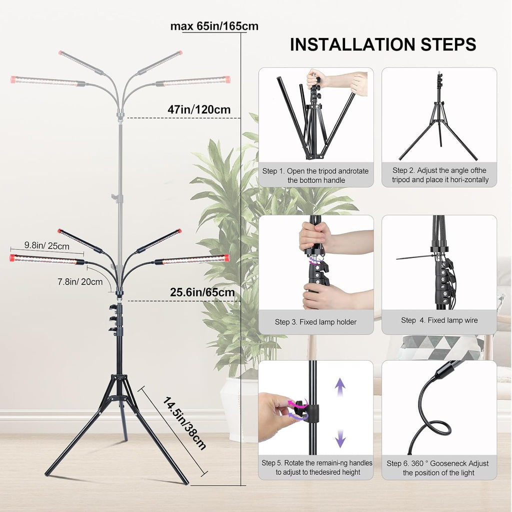 4Head Grow Lights for Indoor Plants, Seed Starting, Vegetables, Bonsai with Tripod Stand and Auto On/Off Timer 4/8/12H, 36W Power Full Spectrum Standing LED Plant Growing Lamps, 360° Gooseneck