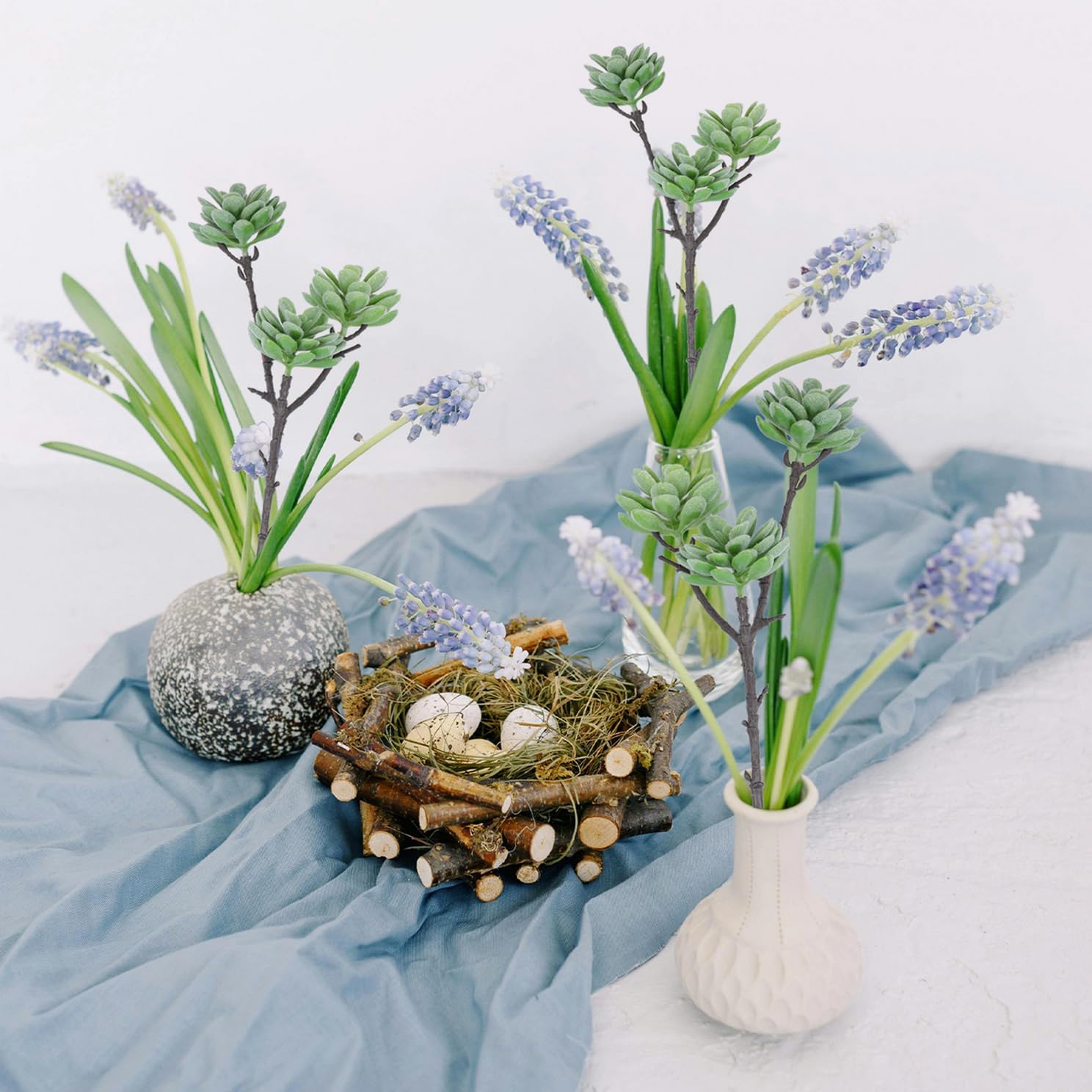 Woration 3PCS Artificial Succulents Branch Fake Plants Unpotted 3-Heads Flocked Succulent Faux Greenery Decor for DIY Basket Planter Centerpiece Floral Arrangement