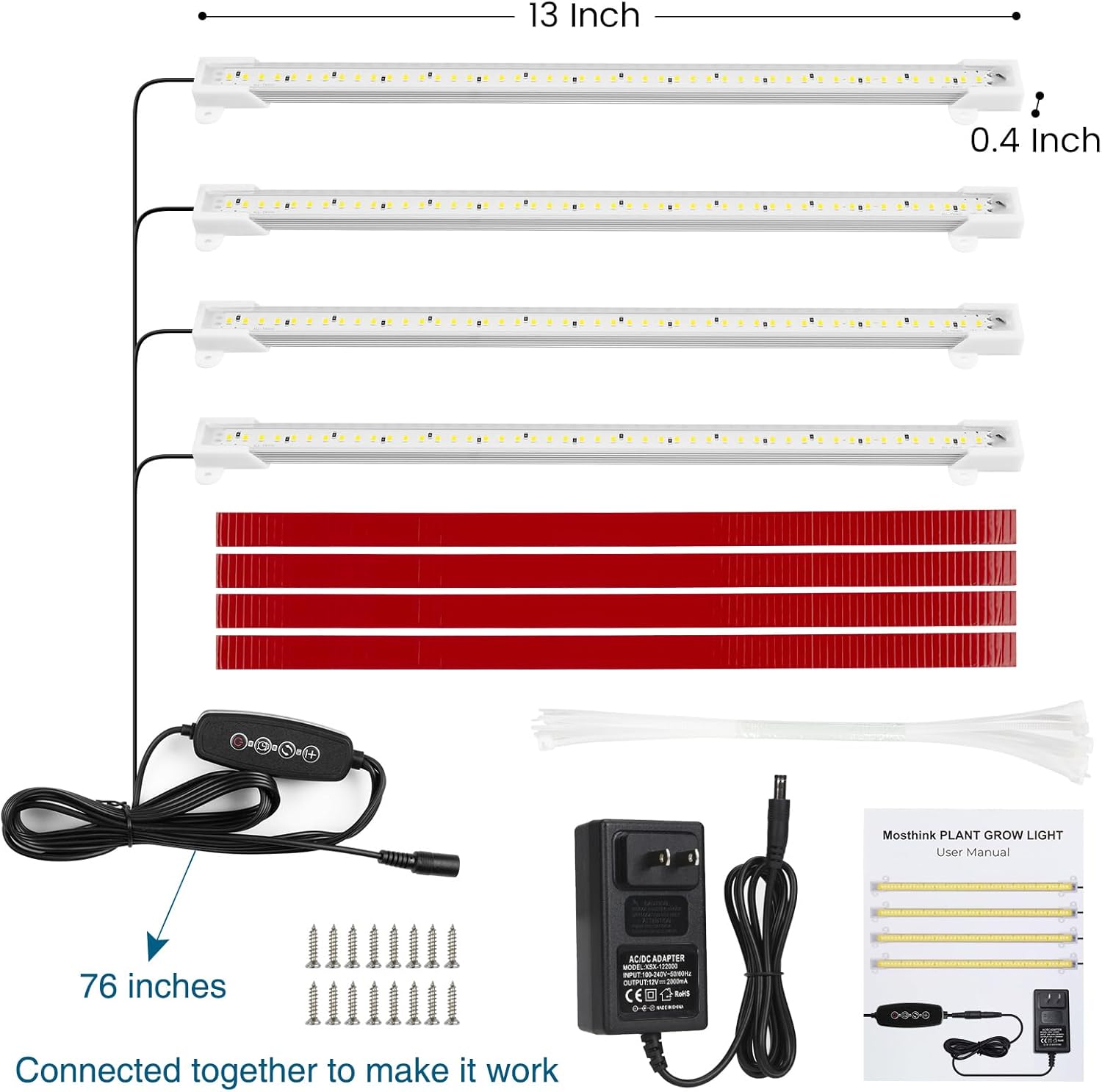 Mosthink Grow Lights for Indoor Plants Full Spectrum, 5500K LED Grow Lights Strips,Plant Lights for Indoor Growing with Auto Timer 3 6 12H,4 Packs in 1