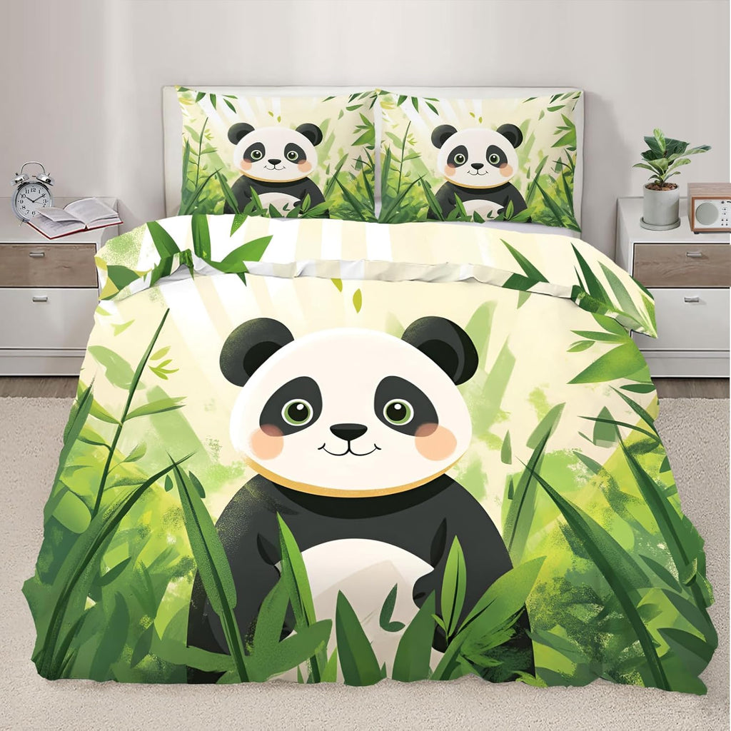 Cute Panda Duvet Cover California King, Watercolor Green Bamboo Bedding Set 3 Piece Bedroom Decor Cartoon Panda Comforter Cover with Zipper Ties & 2 Pillowcases