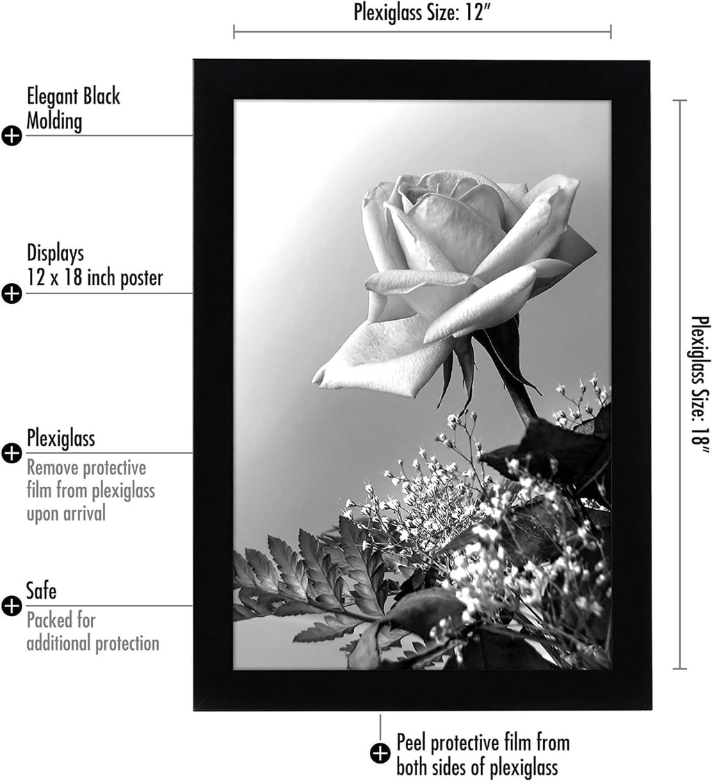 Americanflat 12x18 Poster Frame with Polished Plexiglass - Black Picture Frame - Wide Photo Frames Made of Engineered Wood for Vertical or Horizontal Wall Display - Epic Collection - Black