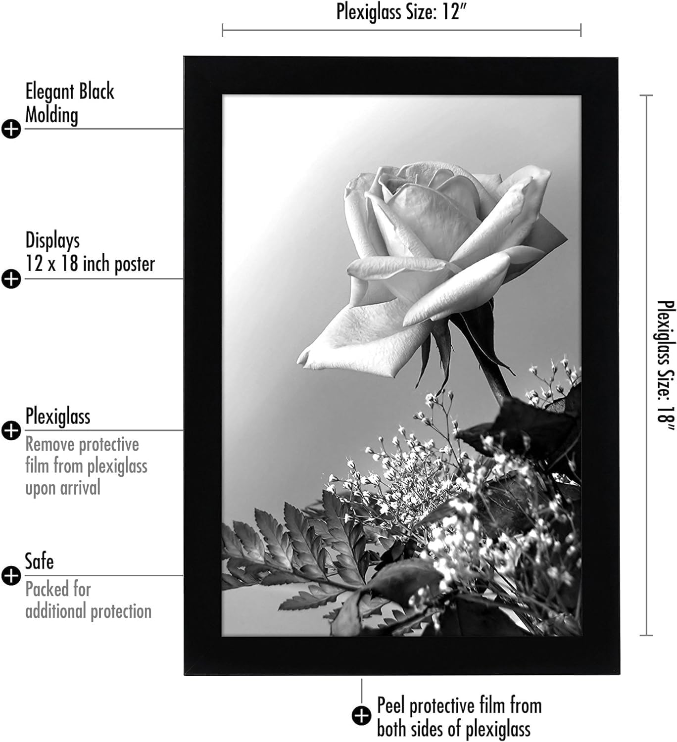 Americanflat 12x18 Poster Frame with Polished Plexiglass - Black Picture Frame - Wide Photo Frames Made of Engineered Wood for Vertical or Horizontal Wall Display - Epic Collection - Black