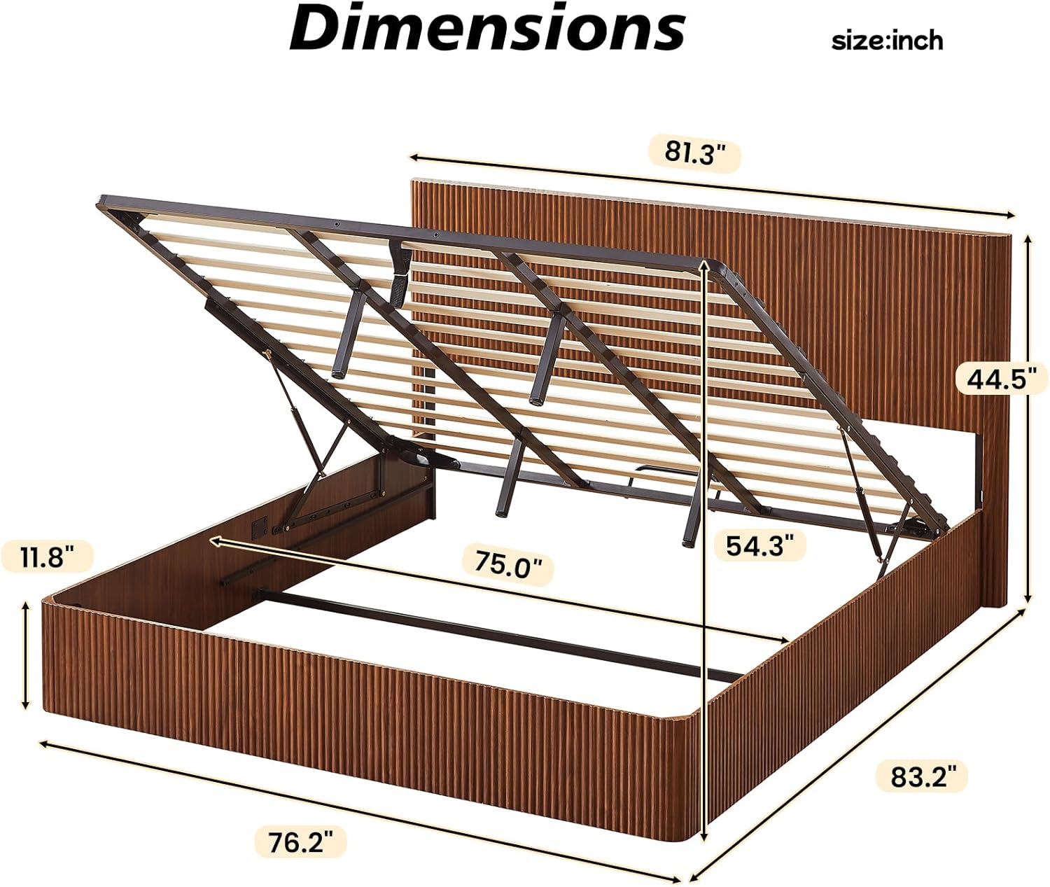 KEIKI King Size Wood Platform Bed Bedframe with Lift Up Hydraulic Storage,Corrugated Curved Lines Design for Bedroom Adult