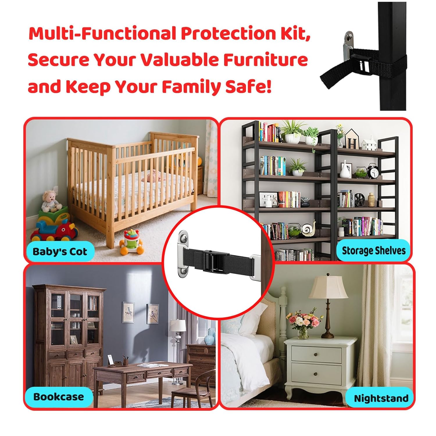 Furniture Anchors for Baby Proofing(2 Sets),Anti Tip Furniture Anchors,Furniture Wall Anchor,Adjustable Furniture Straps,Wall Anchors for Furniture Securing for Baby&Pet Safety