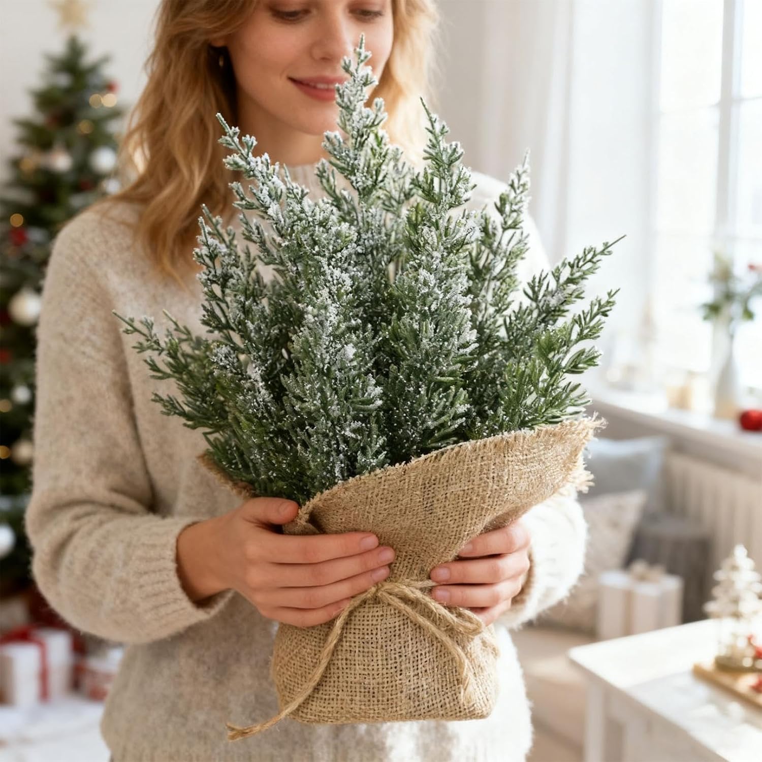 Mini Christmas Tree, Tabletop Christmas Tree 14In Artificial Snowy Pine Branches with Decorative Burlap Base Small Holiday Tabletop Centerpiece for Home Office Xmas Decor