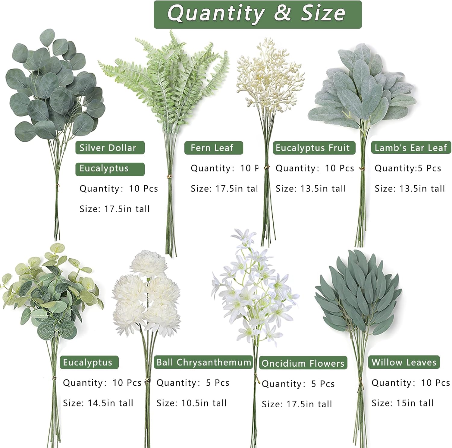 VIERENA Artificial Greenery Stems Box Set(Pack of 65pcs) with 8 Kinds of Faux Plants and Fake Flowers for DIY Wedding Bouquet Table Centerpieces and Floral Arrangement (Beige&Dusty Green)