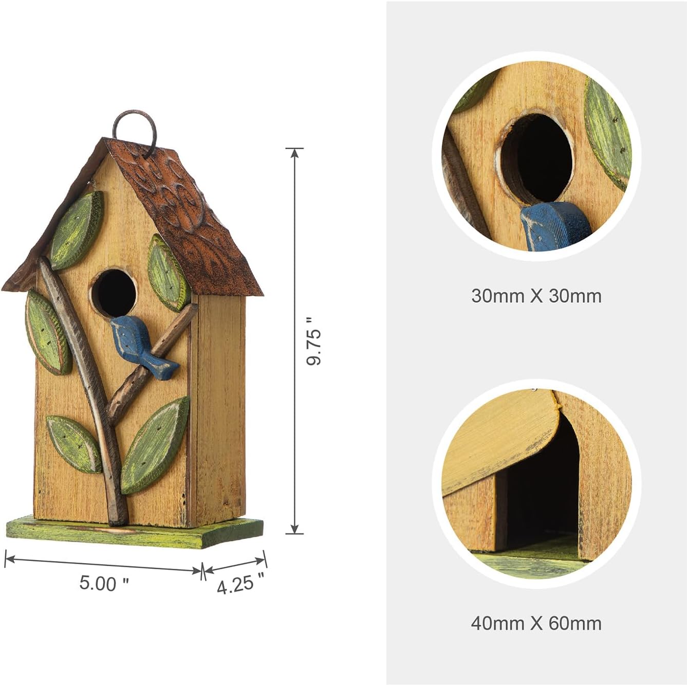 Glitzhome Bird Houses for Outside, 9.7" H Rustic Hanging Birdhouse Decorative Pet Cottage Distressed Wooden Birdhouse with 3D Tree Bluebird House for Outdoor Patio Garden, Yellow