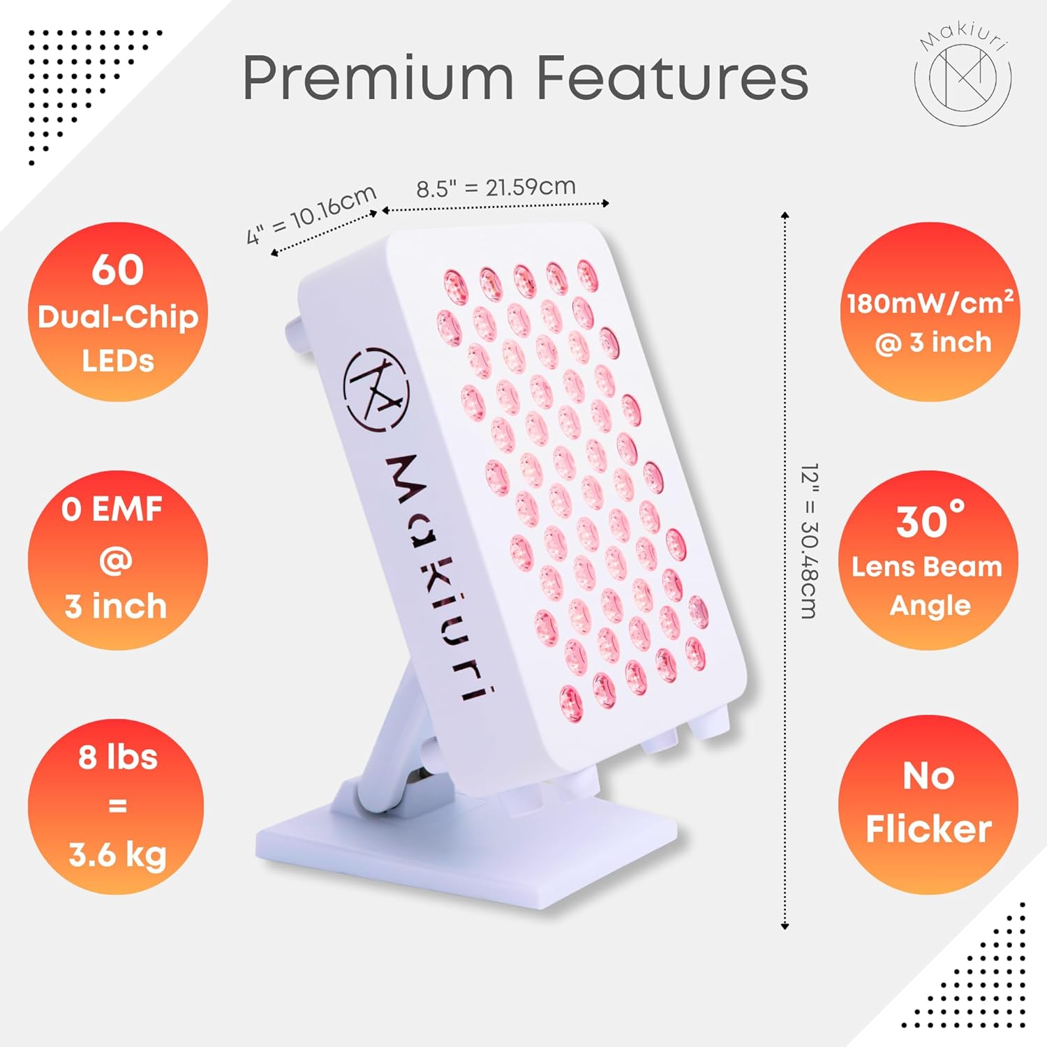 Makiuri Red Light Therapy Lamp | LED Light Therapy Panel for Face & Body | Infrared & Red Light in 5 Wavelengths | Supports Relaxation, Skin Appearance & Overall Wellness | Mercury (White 60 LED)