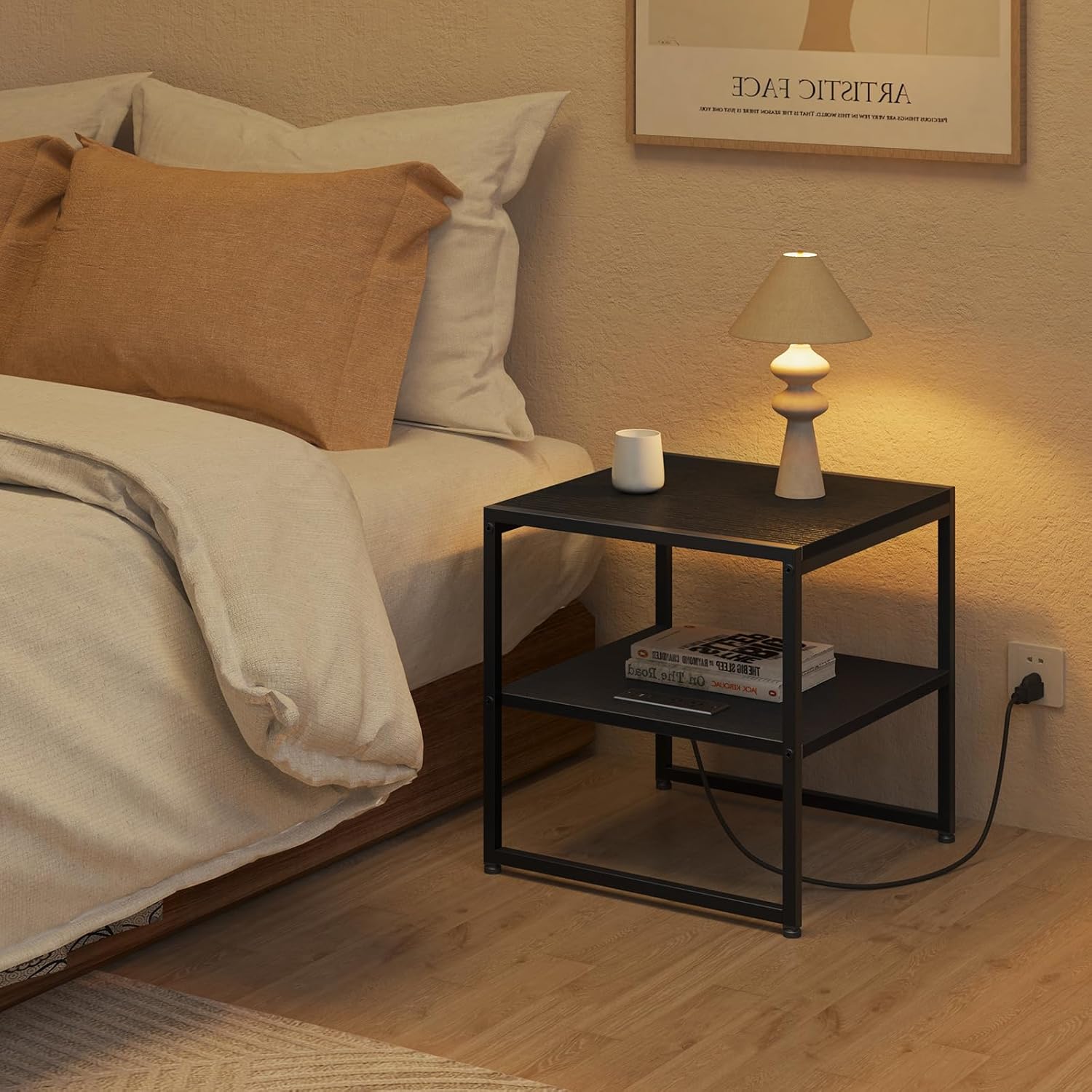 Tatub 20" End Table with Charging Station, Industrial Square Side Table with USB Ports & Outlets, Versatile 2-Tier Small Nightstand for Bedroom Living Room, Black