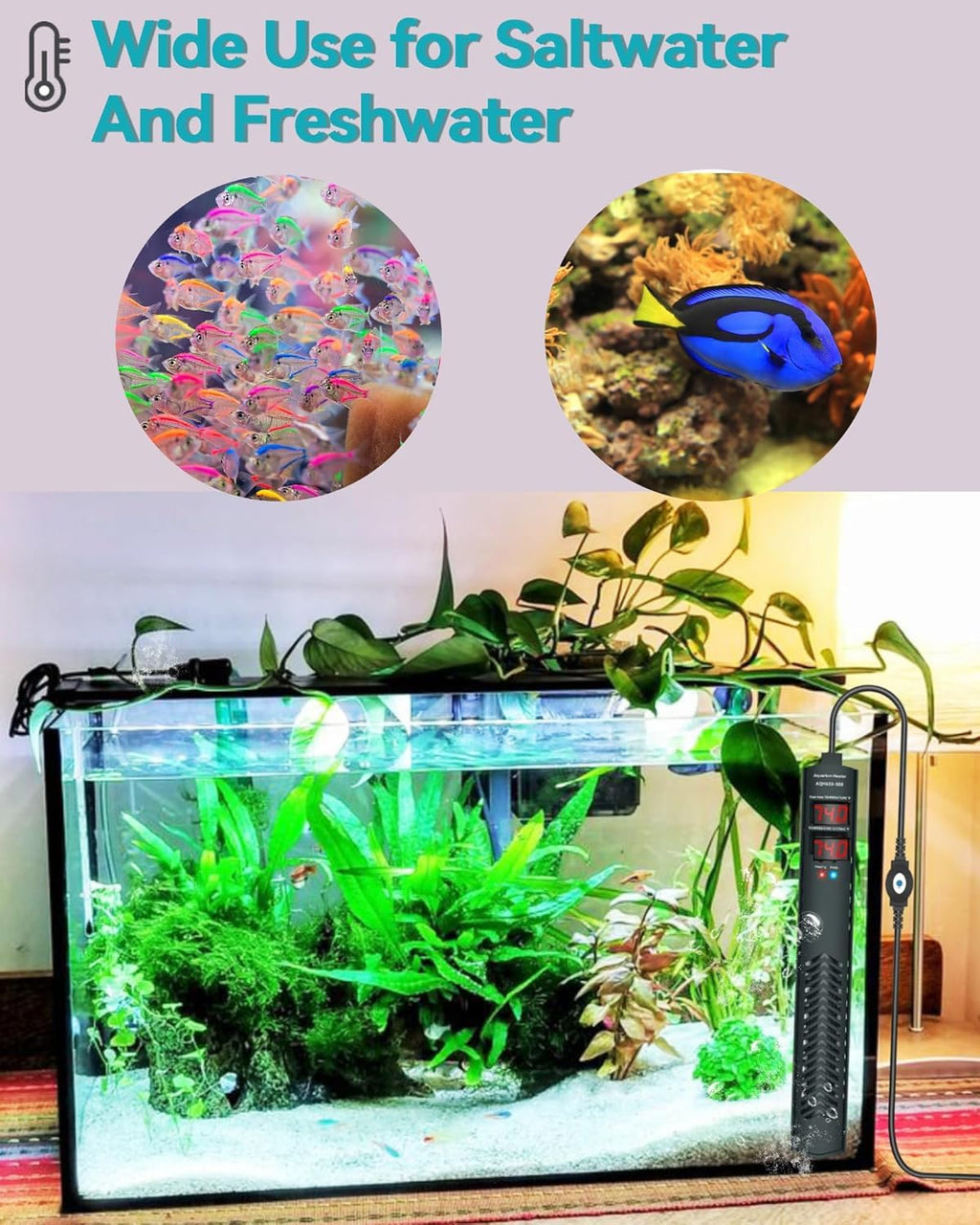 AHJ Aquarium Heater for 75 100 120 Gallon, 500W Submersible Fish Tank Water Heater with Accurate Temperature Control, Over-Temp Protect, Auto Shut-Off, Quick Heat up for Saltwater & Freshwater