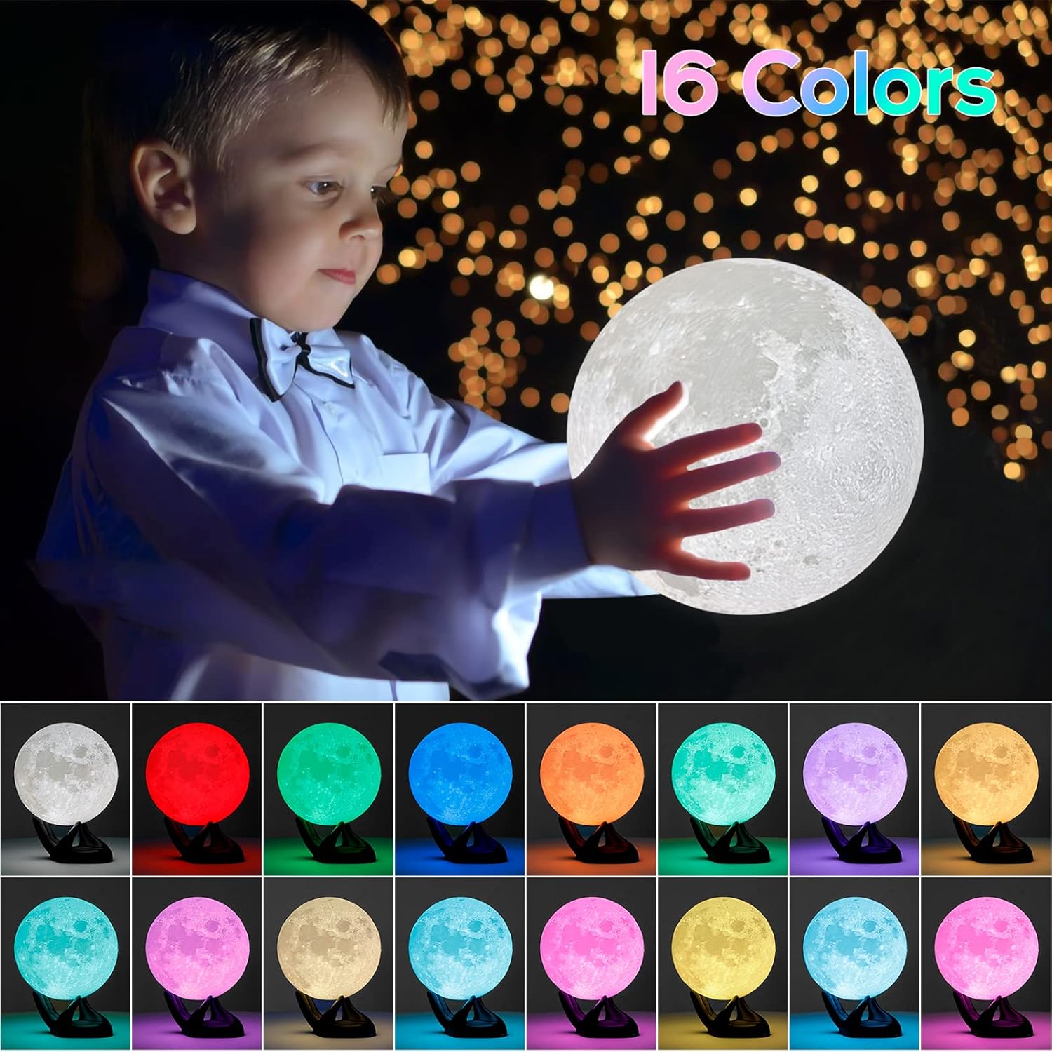 BRIGHTWORLD 5.9inch Moon Lamp 3D Printing Moon Light 16 Colors Night Light, Birthday Gift Mothers Day Gifts for Women Men Girls Boys Kids, Remote/Touch Control USB Rechargeable (Black Hand Stand)